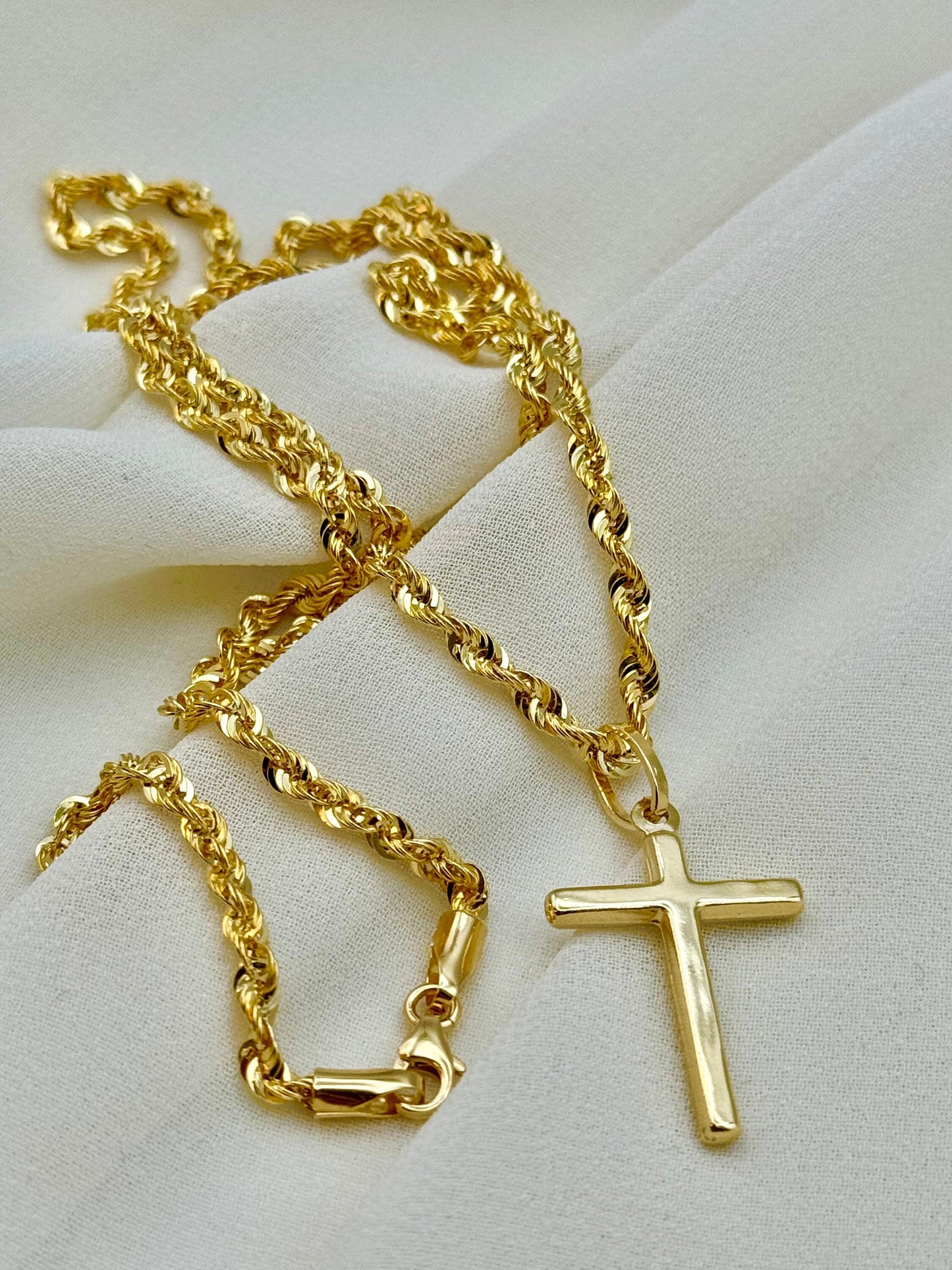 18k Real Gold Cross Necklace – 21.5" & 20" with 3mm Rope Chain | Unisex Gold Pendant for Him & Her | Anniversary & Birthday Gift