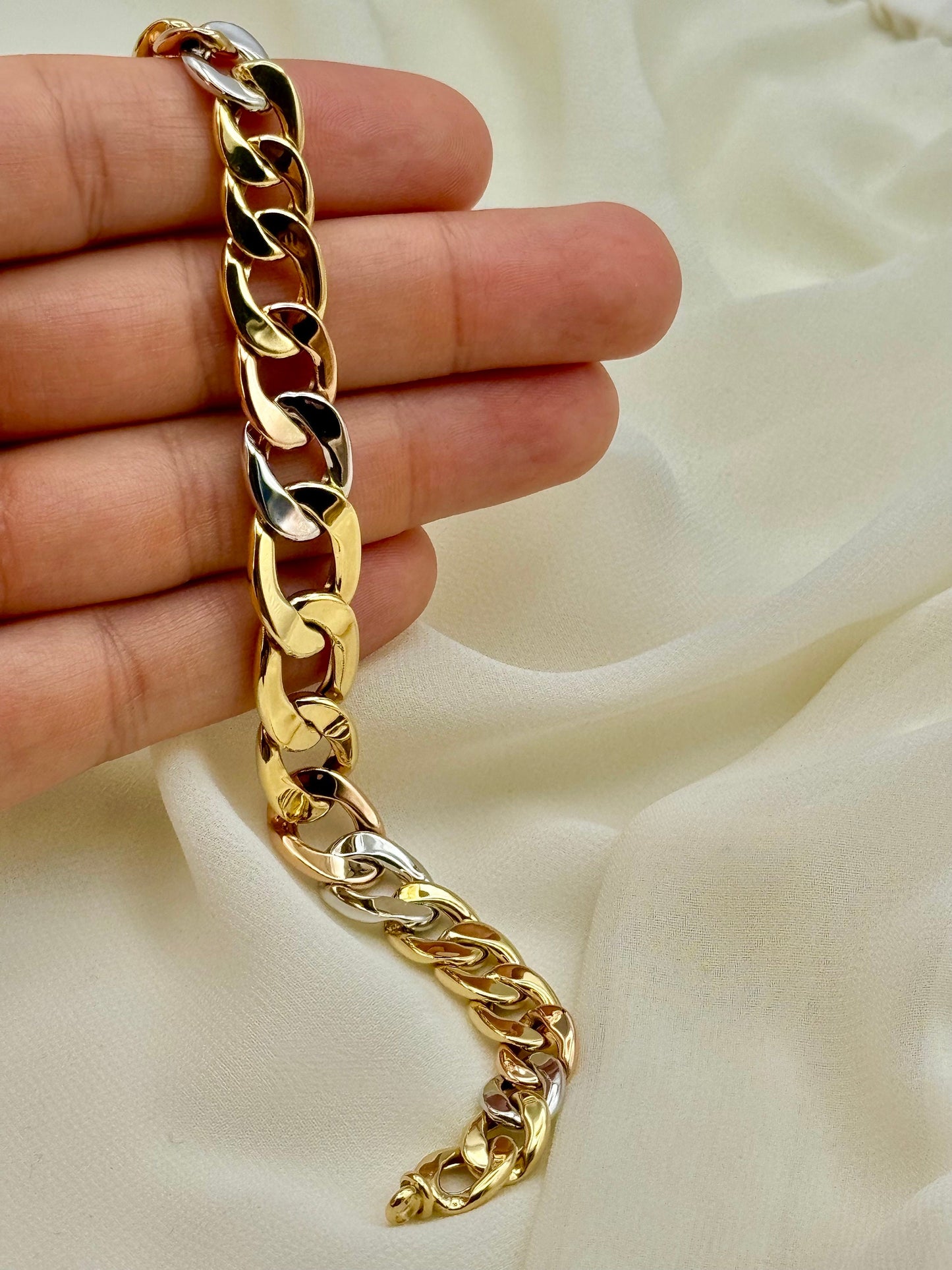 Bracelet gourmette en or 18 carats, 12 mm, 20 cm, maille cubaine tricolore – Or véritable 18 carats (rose, blanc, jaune)