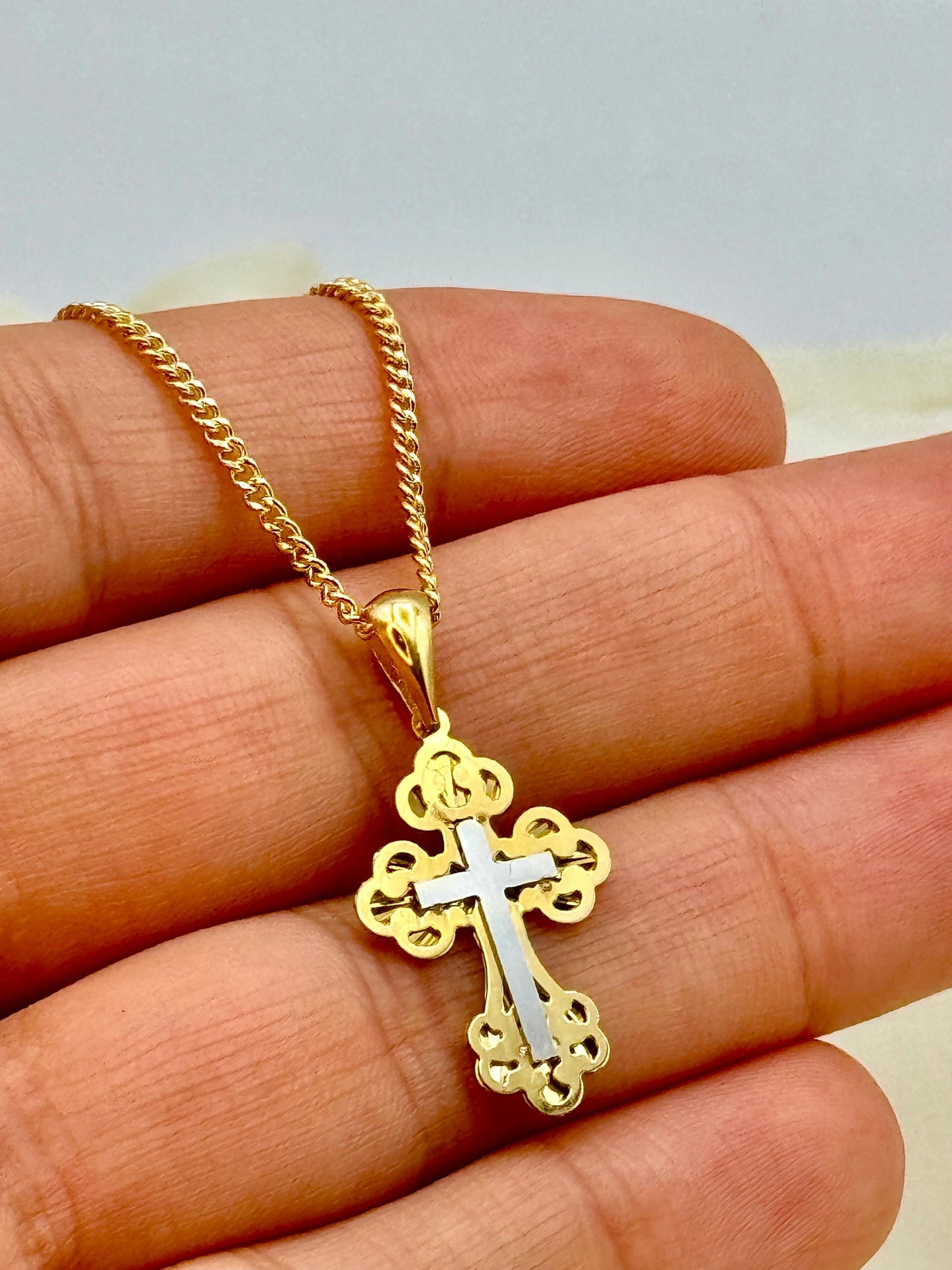 18K Solid Gold Cross Necklace with 2mm Curb Chain – Real Gold Pendant for Him or Her, Religious Jewelry, Birthday & Anniversary Gift