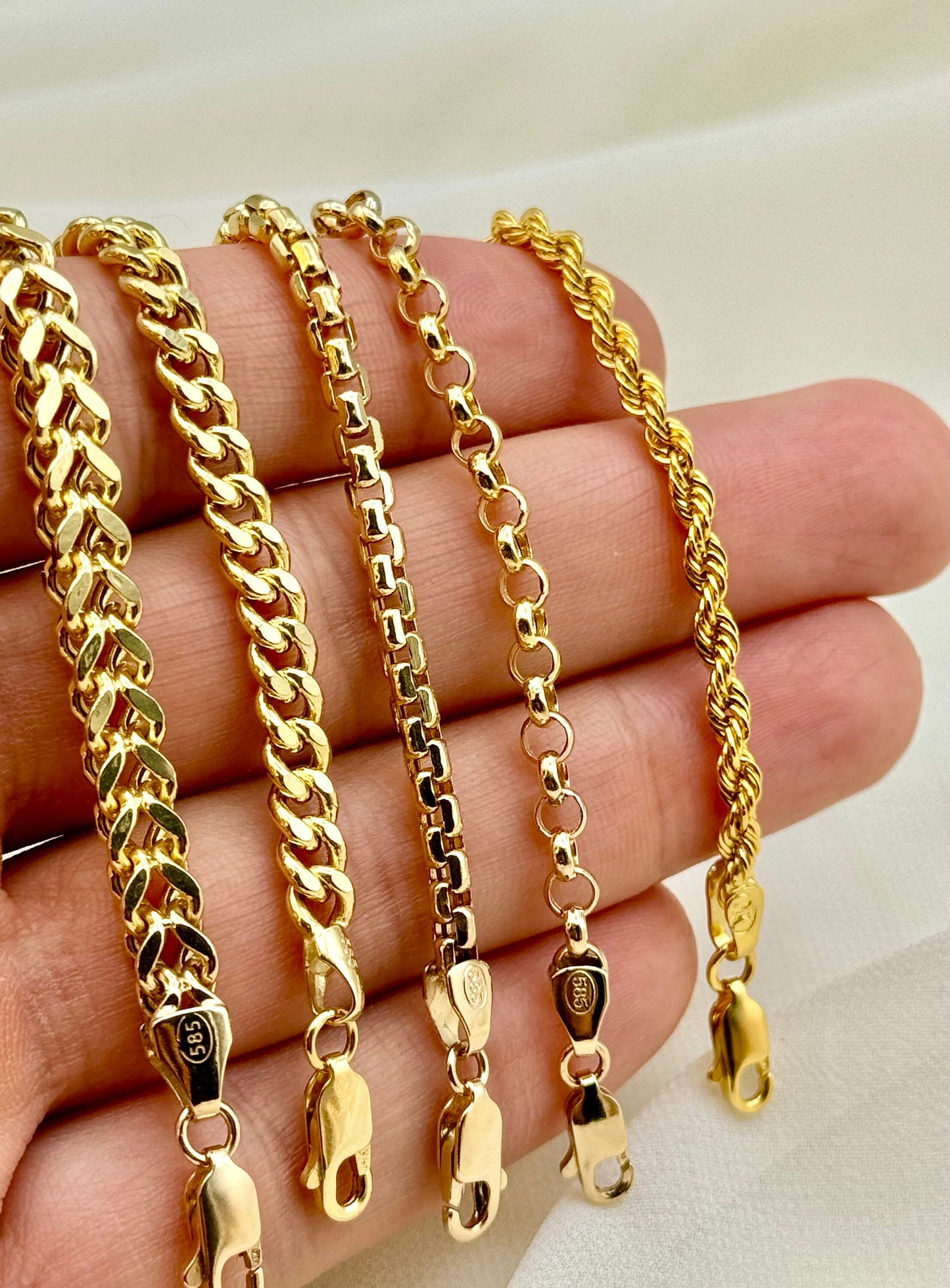 Collection de bracelets en or massif 14 carats – Styles Rolo, Box, Rope, Franco et Curb – Parfait pour lui ou elle, choix de cadeau idéal