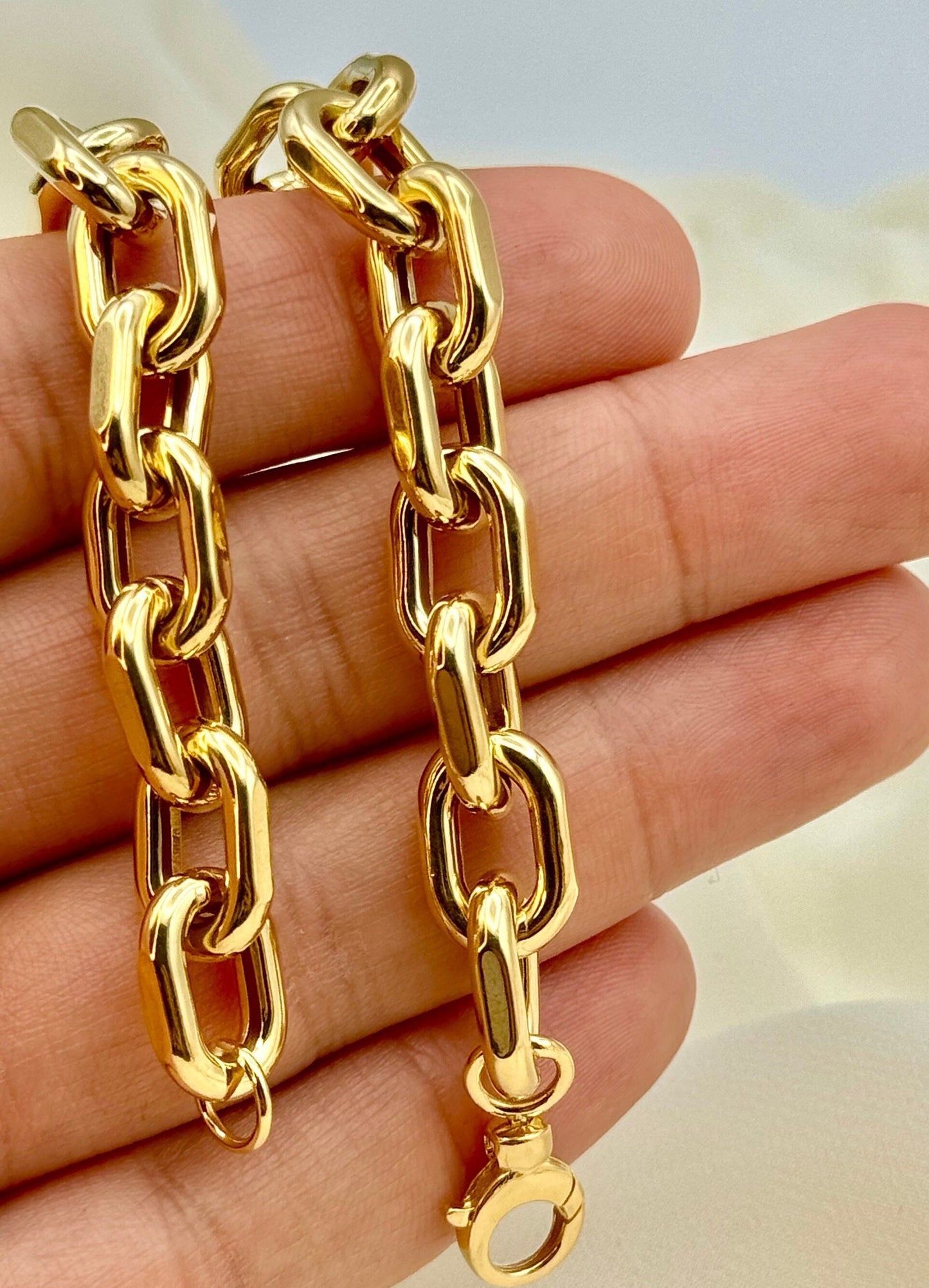 Bracelet trombone et ovale en or véritable 18 carats pour femme – 8 pouces 9,7 mm, cadeau parfait pour petite amie, maman, anniversaire et anniversaire.