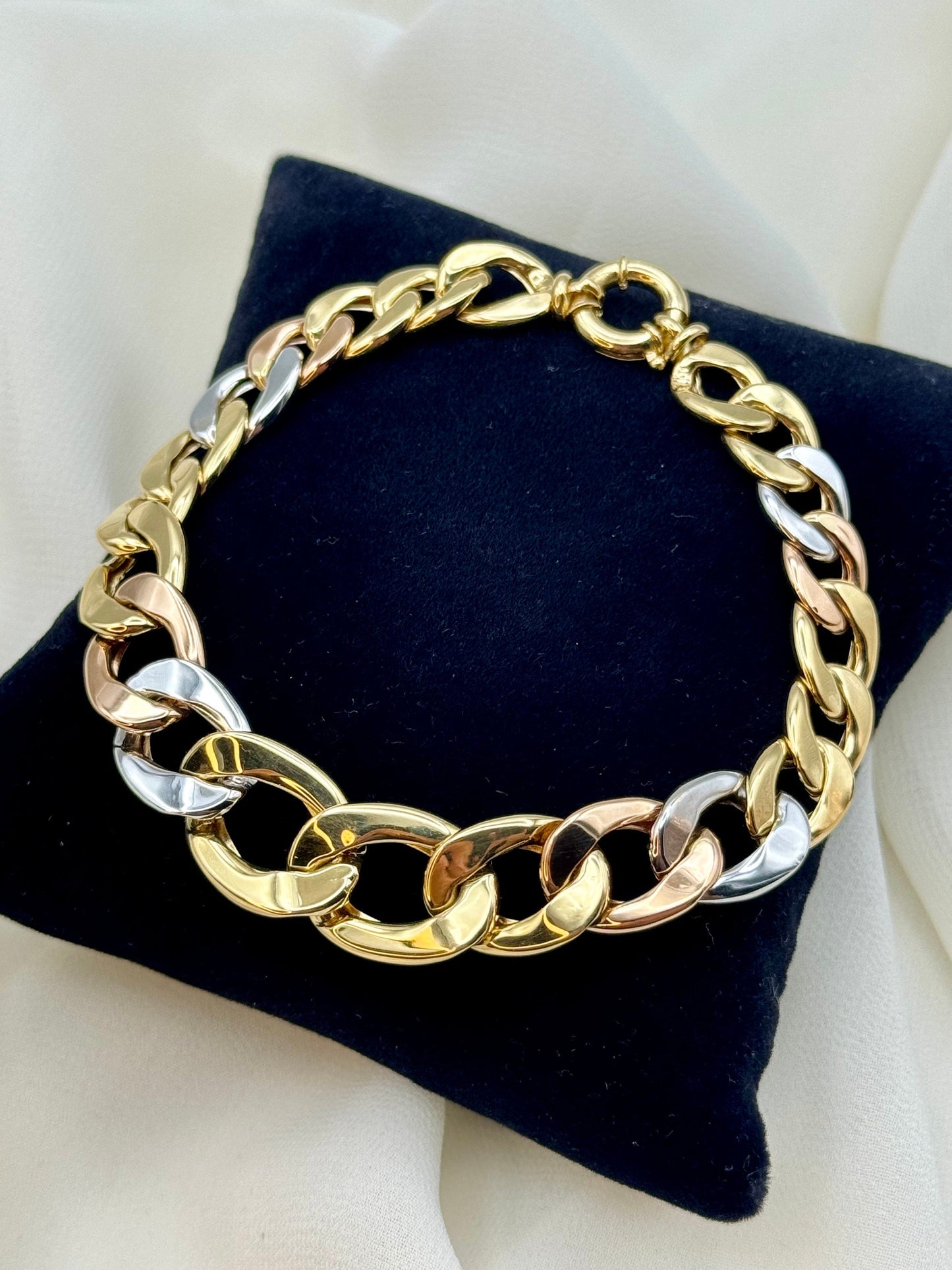 Bracelet gourmette en or 18 carats, 12 mm, 20 cm, maille cubaine tricolore – Or véritable 18 carats (rose, blanc, jaune)