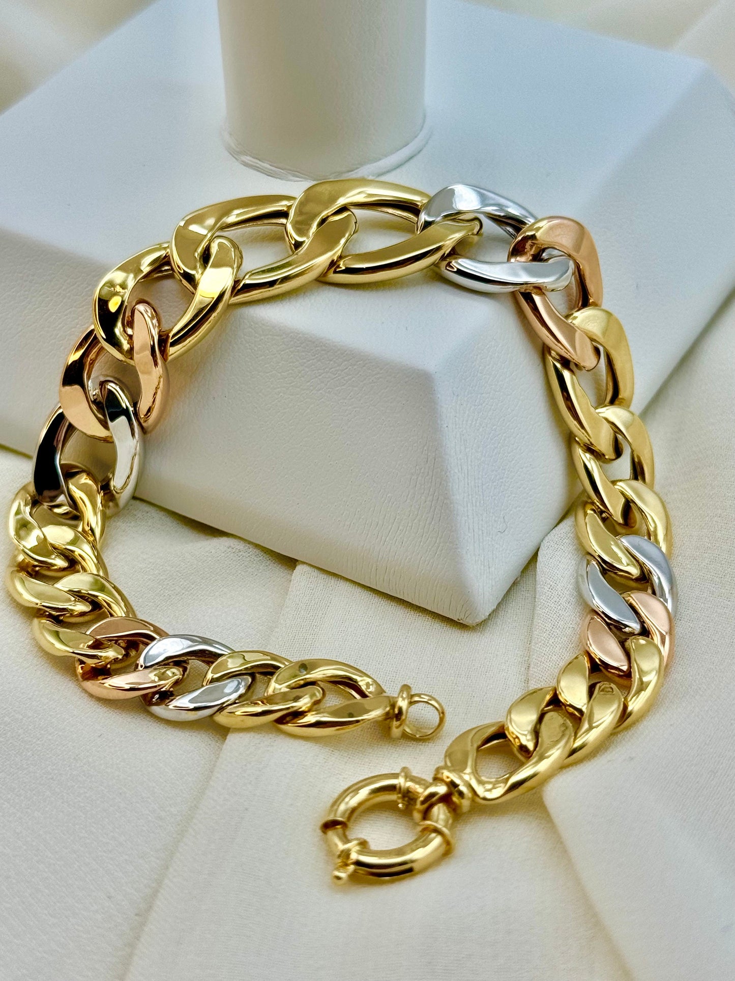 Bracelet gourmette en or 18 carats, 12 mm, 20 cm, maille cubaine tricolore – Or véritable 18 carats (rose, blanc, jaune)