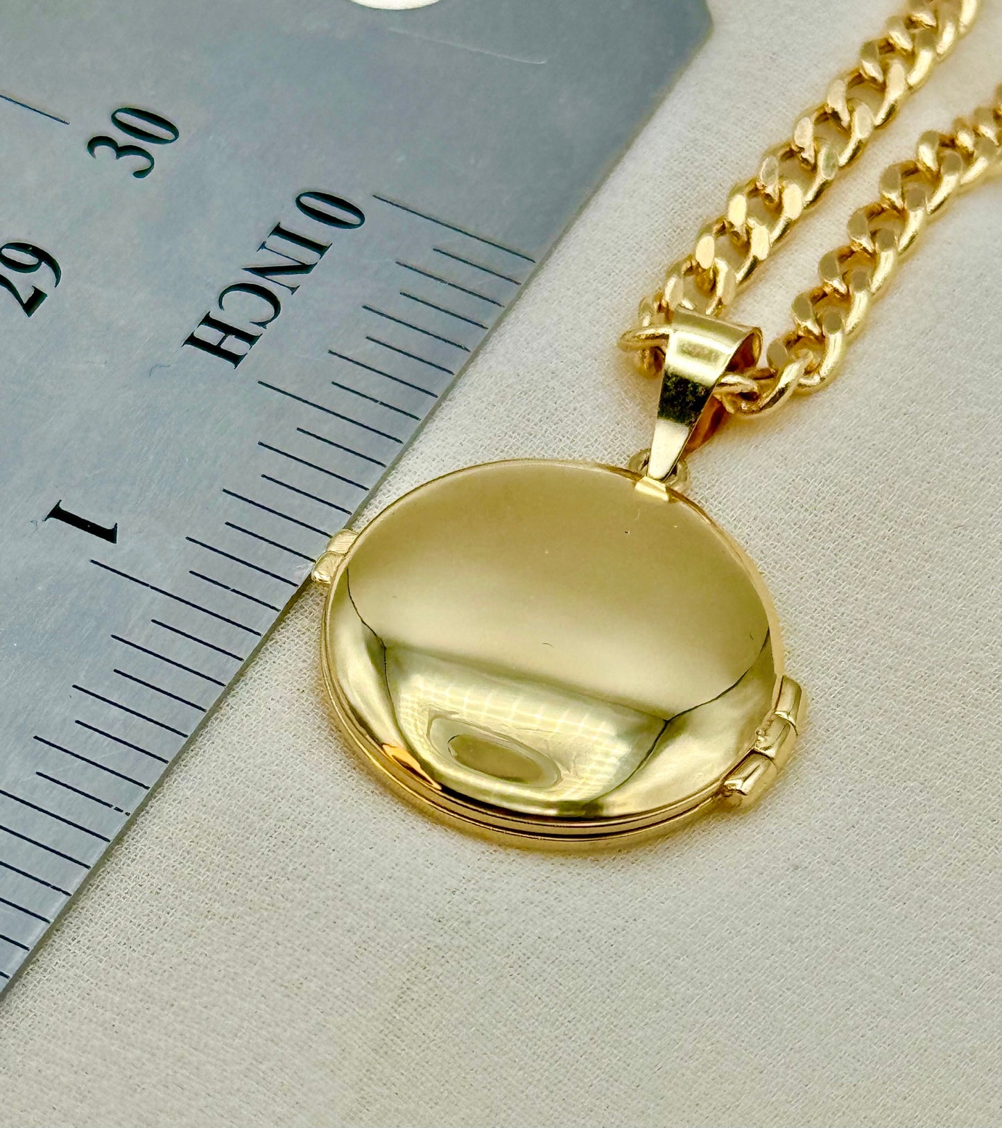 14k Gold Round Locket Necklace 24" – 3.7mm Curb Chain, Round Gold Locket Pendant, Memorial & Birthday Gift for Her