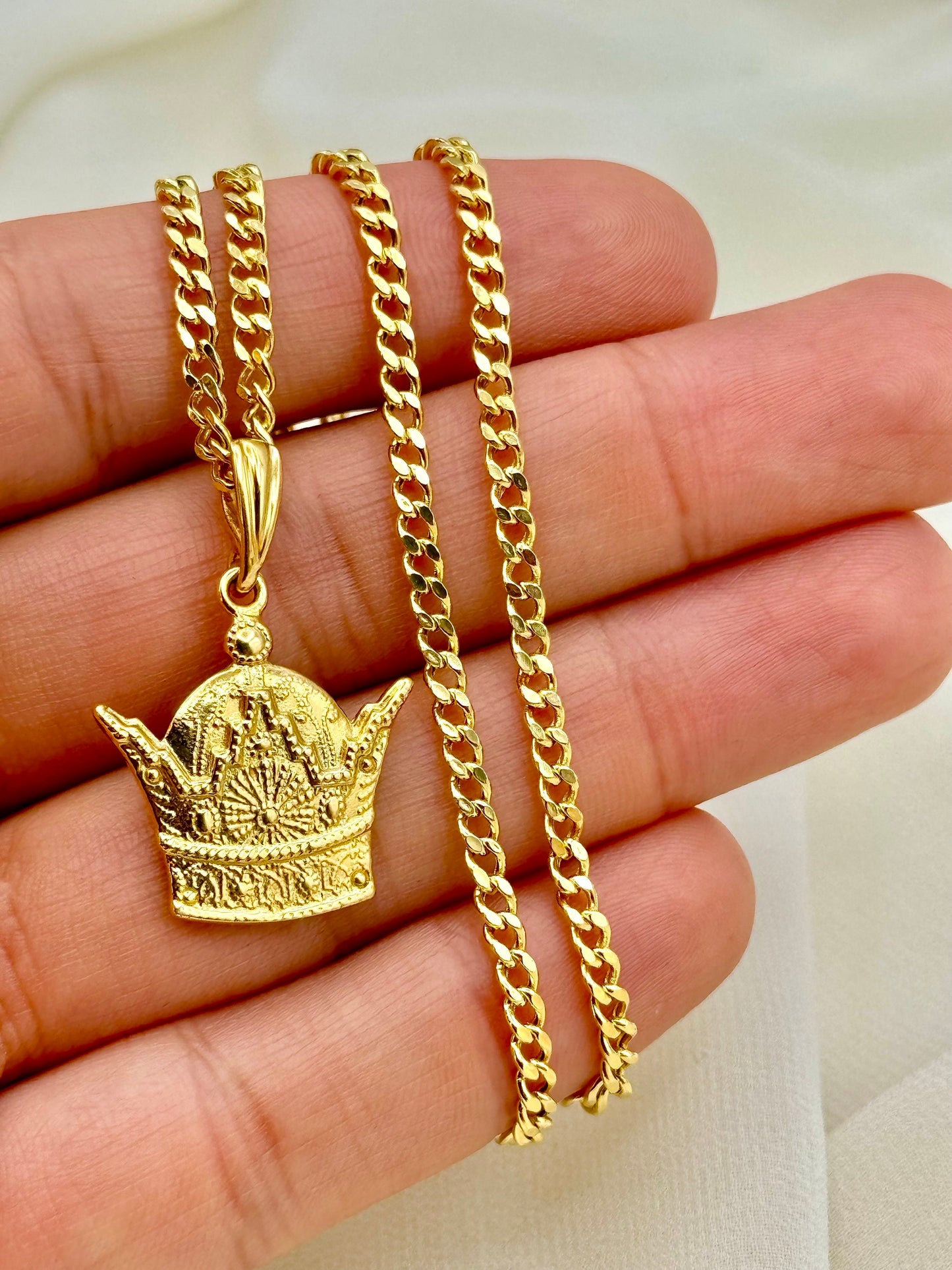 18K Solid Gold Pahlavi Crown Necklace – Handmade Royal Pendant on 21.5" 3mm Curb Chain | Symbol of Power & Kingdom | Birthday Gift