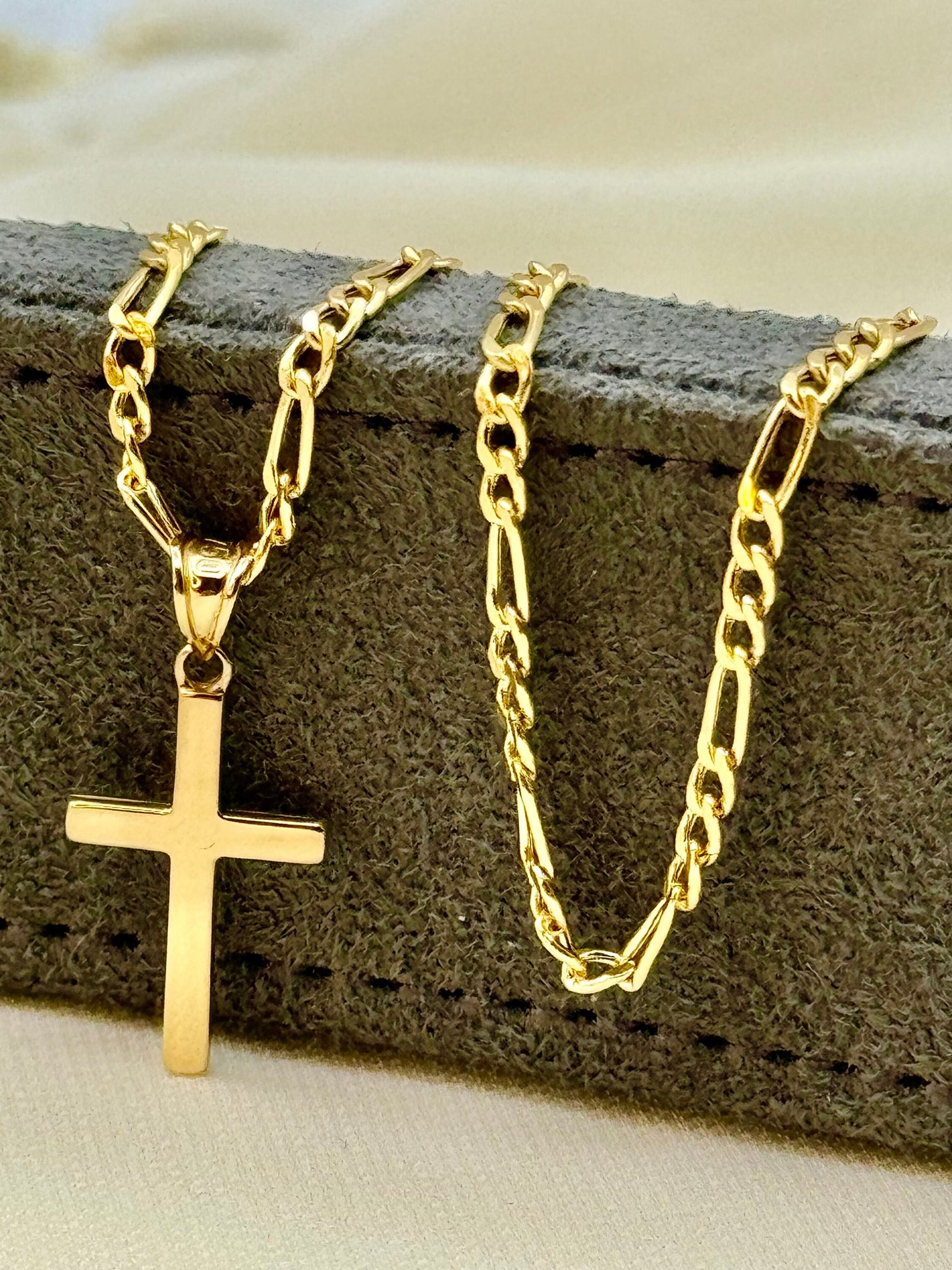 18k Gold Cross Necklace with Figaro Chain So Shiny and Durable, 22 inches, 2.7 mm, Gift for Him, For Her, Birthday Gift, Anniversary gift.