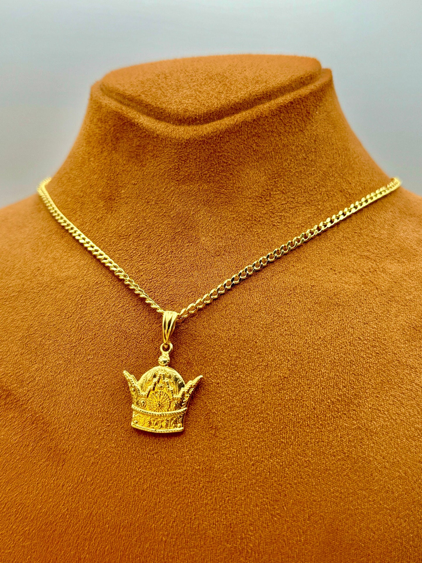 18K Solid Gold Pahlavi Crown Necklace – Handmade Royal Pendant on 21.5" 3mm Curb Chain | Symbol of Power & Kingdom | Birthday Gift