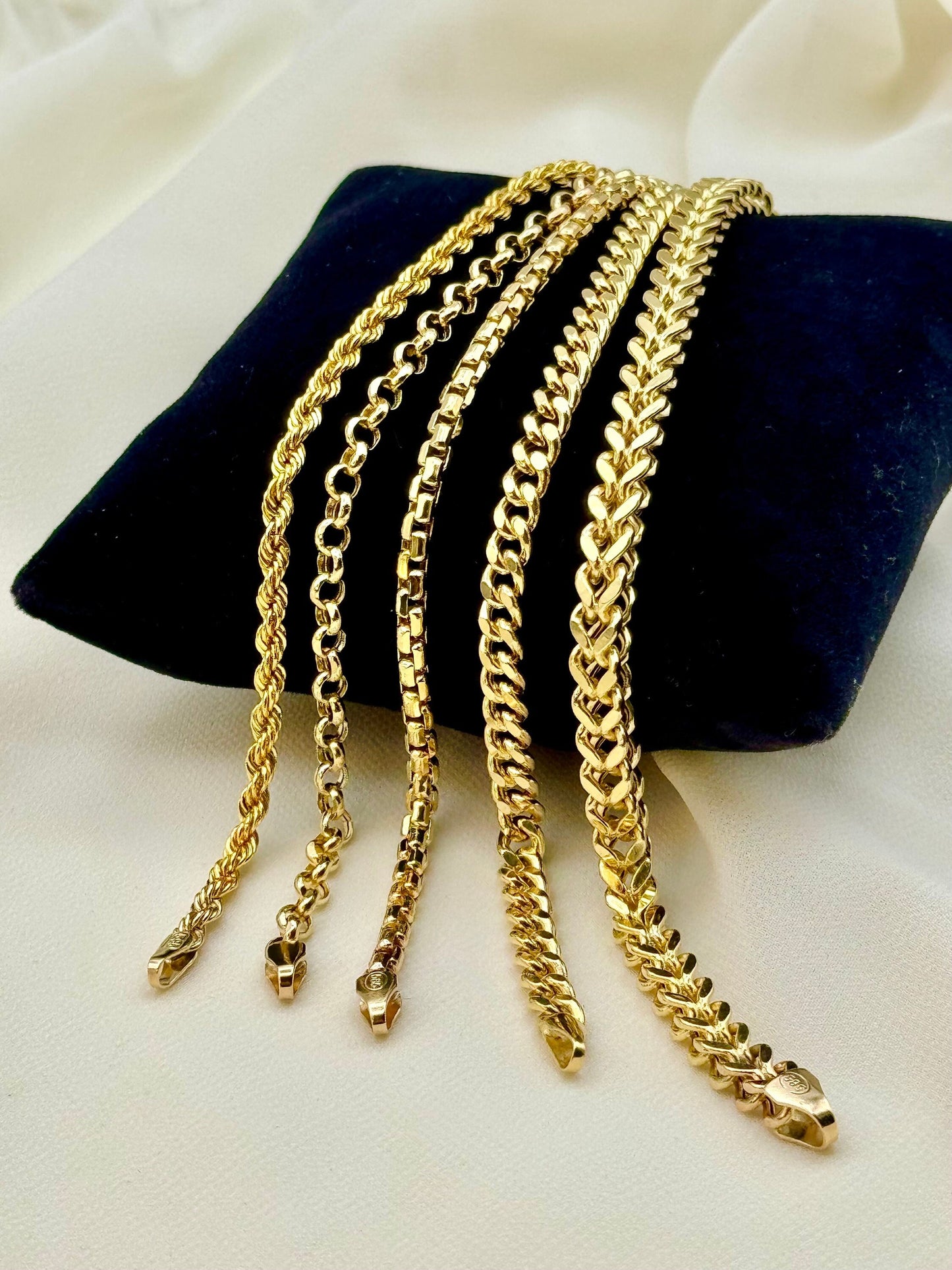 Collection de bracelets en or massif 14 carats – Styles Rolo, Box, Rope, Franco et Curb – Parfait pour lui ou elle, choix de cadeau idéal