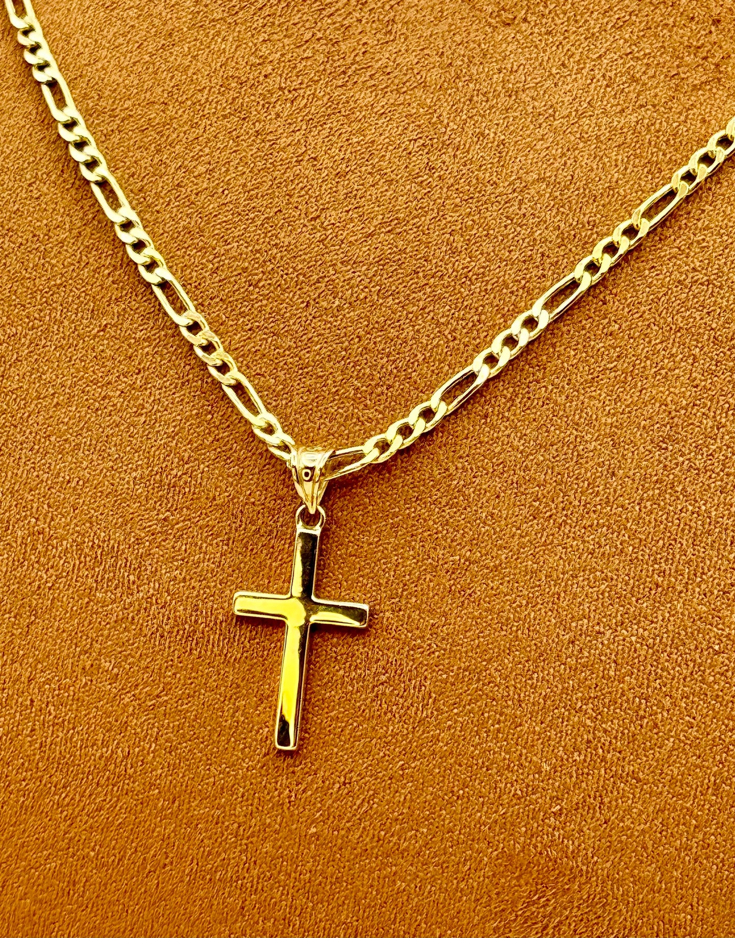 18k Gold Cross Necklace with Figaro Chain So Shiny and Durable, 22 inches, 2.7 mm, Gift for Him, For Her, Birthday Gift, Anniversary gift.