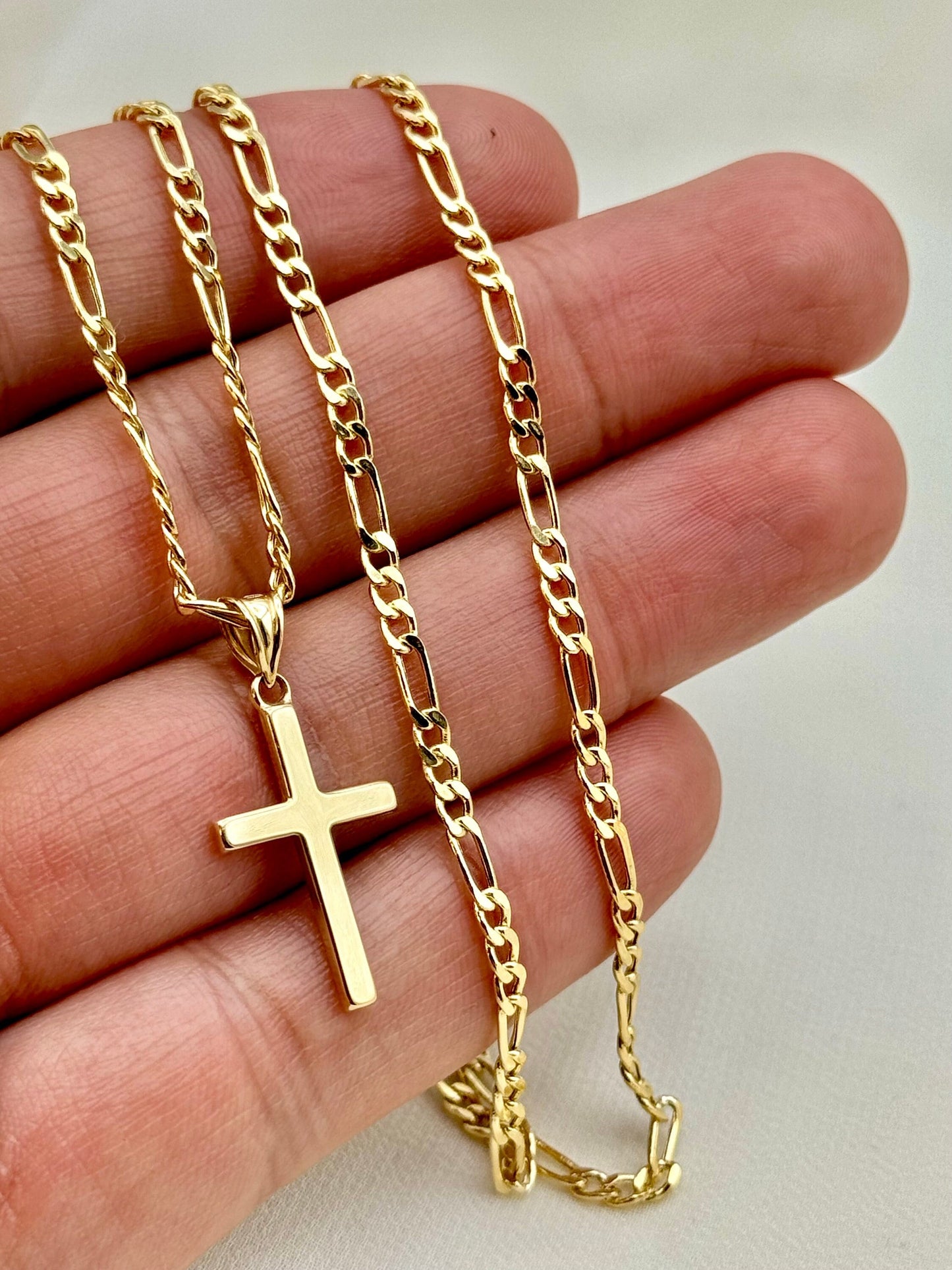 18k Gold Cross Necklace with Figaro Chain So Shiny and Durable, 22 inches, 2.7 mm, Gift for Him, For Her, Birthday Gift, Anniversary gift.