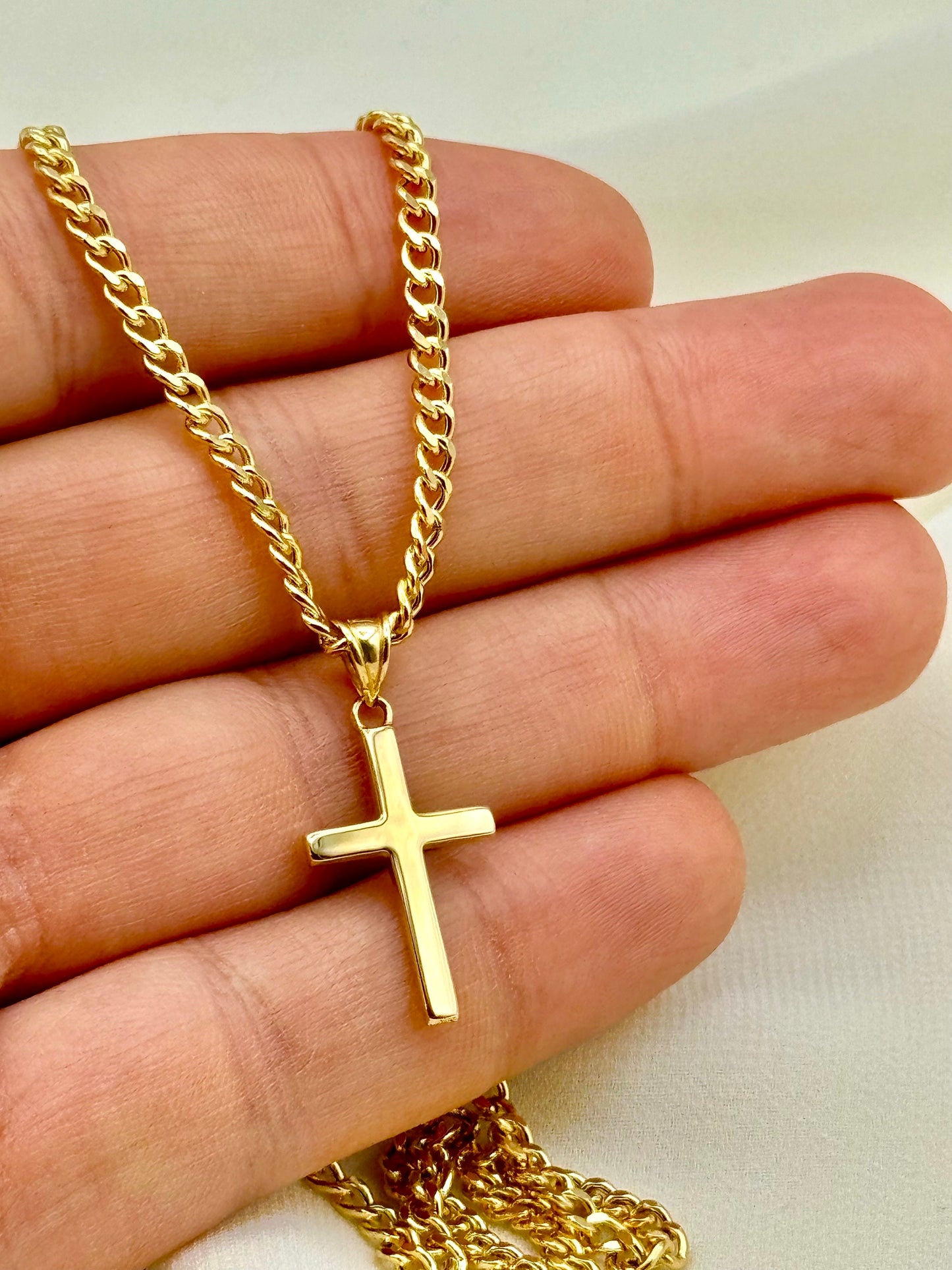 18K Solid Gold Cross Necklace with 3mm Diamond-Cut Curb Chain – 20" & 22" | Shiny & Durable | Unisex Gift for Him or Her, Birthday or Special Occasion