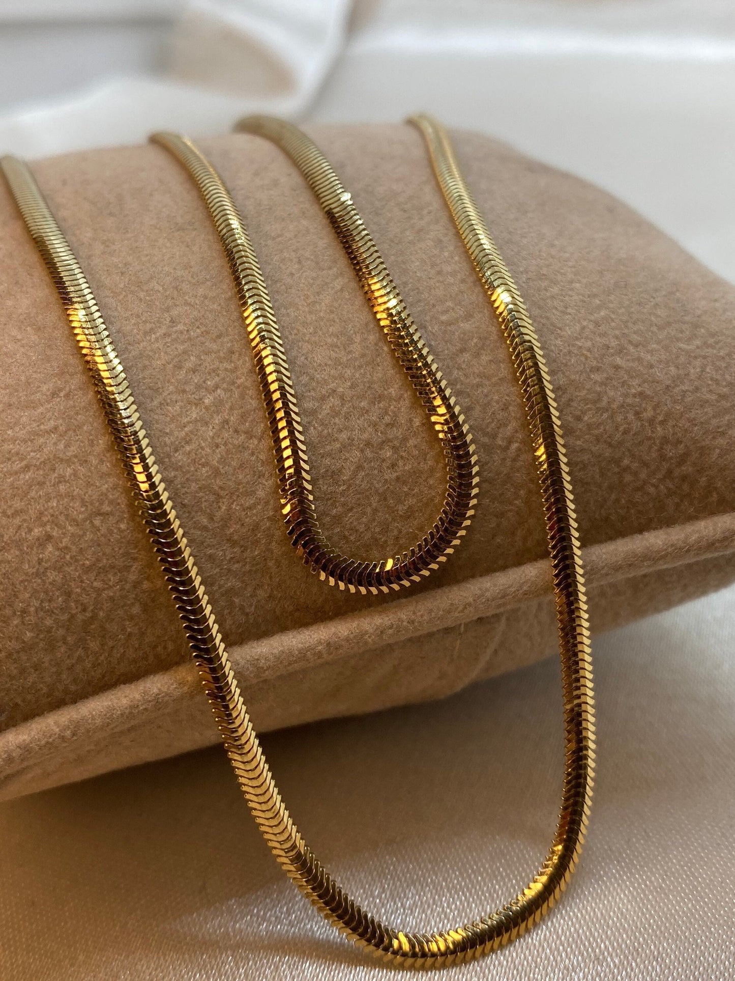 18k & 14k Solid Gold Herringbone Snake Chain Necklace, Shiny Real Gold, 16" & 19.5" Lengths, Elegant Gold Chain Necklace for Her