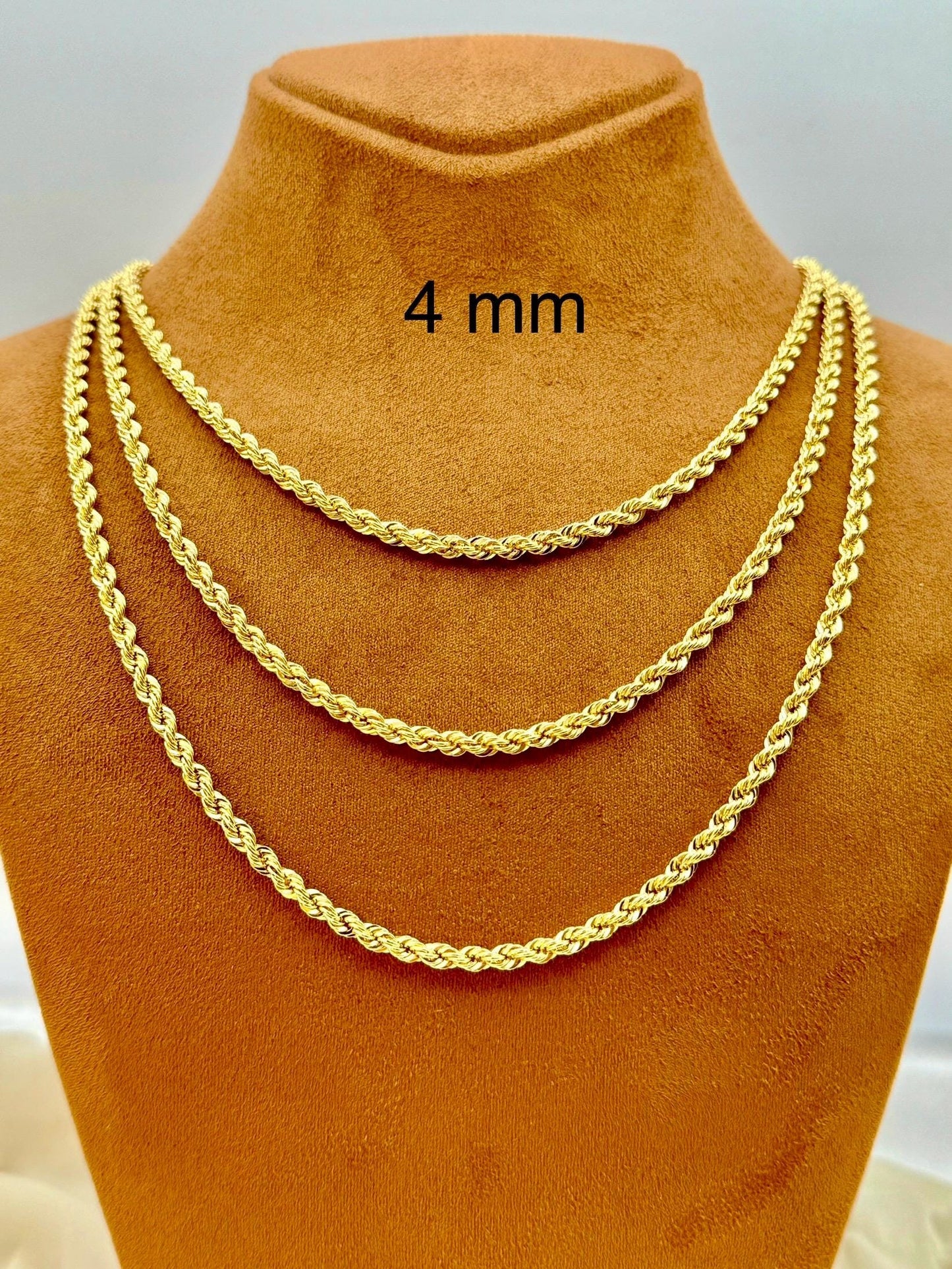 18K Real Gold Rope Chain Necklace, 4mm – Available in 18", 20", 22", 24" Inches, Perfect Gift for Him or Her