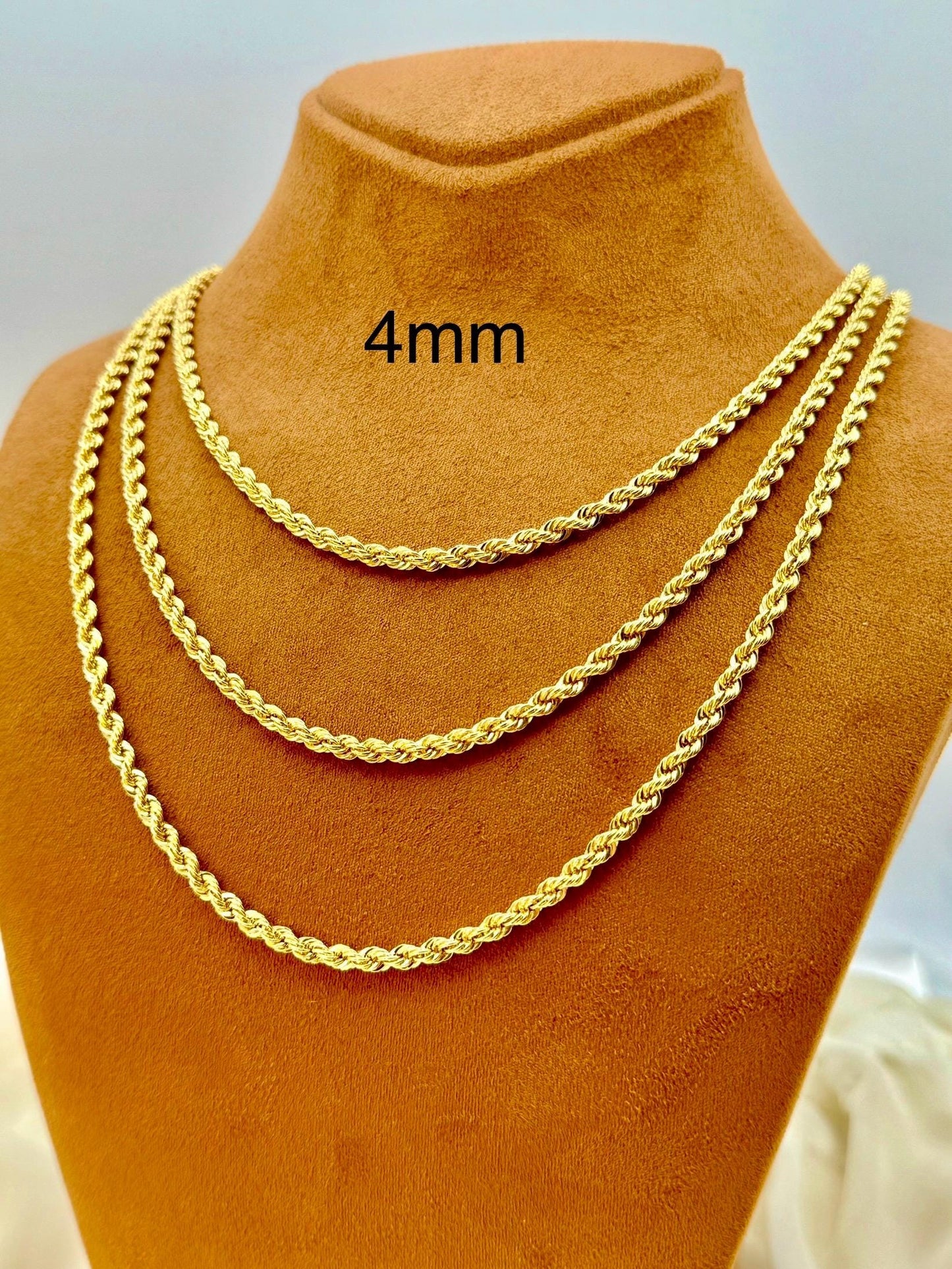 18K Real Gold Rope Chain Necklace, 4mm – Available in 18", 20", 22", 24" Inches, Perfect Gift for Him or Her