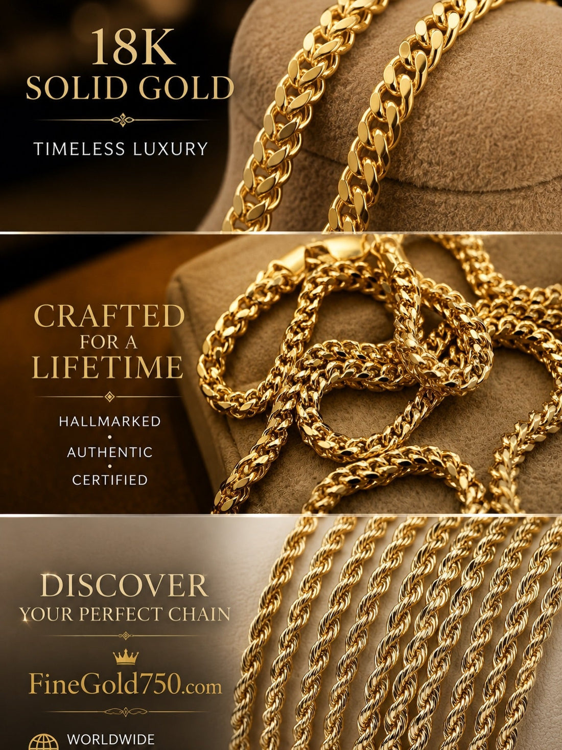 18k or 14k solid Gold chains on display.