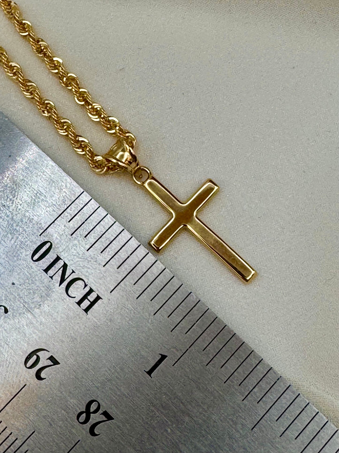 18K Real Gold Plain Cross Necklace with Rope Chain 2mm – Plain Cross Pendant 21.5” 23.5” | Christian Jewelry Gift for Men & Women