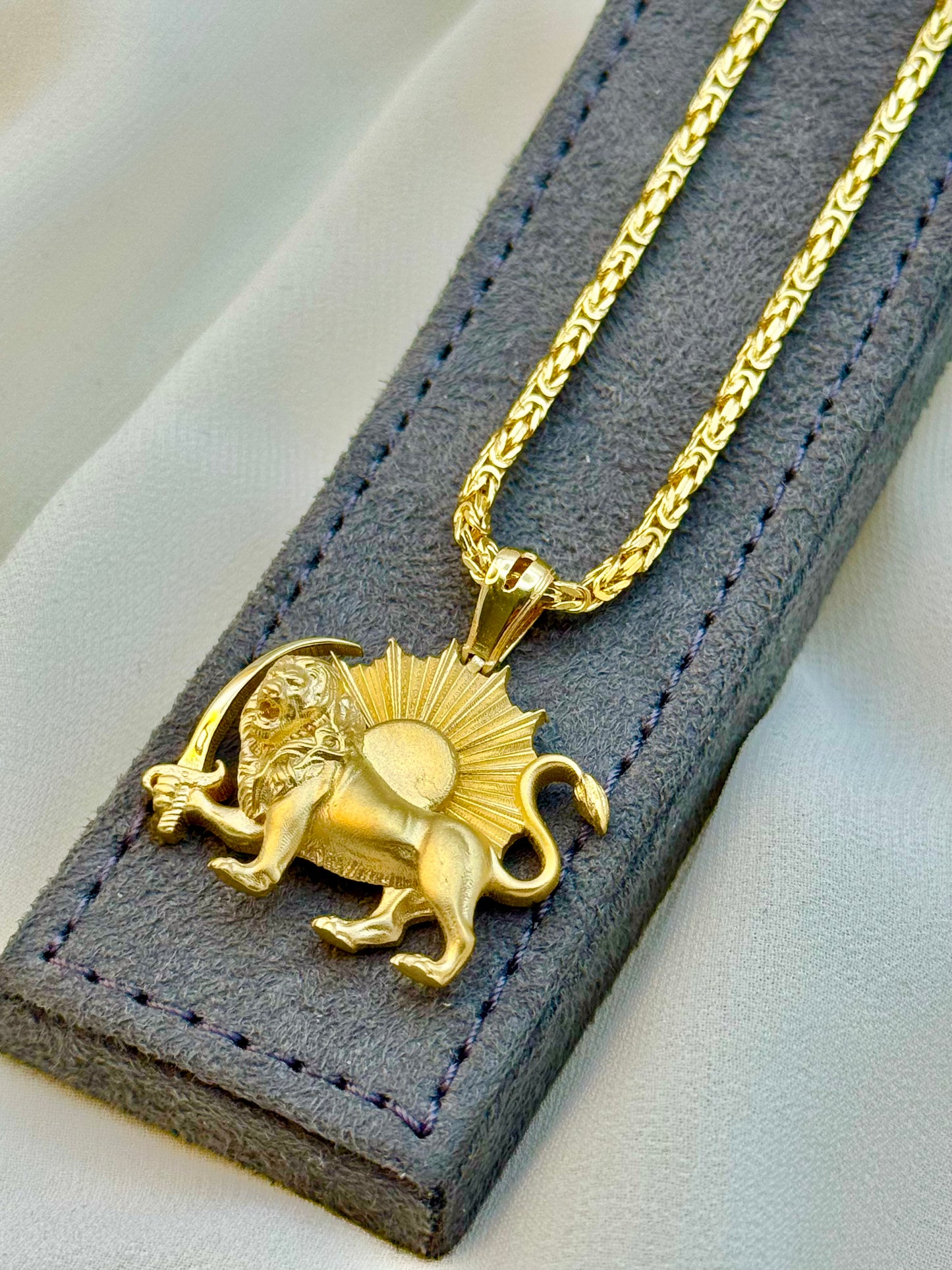 18k Solid Gold Shir o Khorshid Handmade, Lion and Sun Necklace, with 21.5", 2.6mm byzantine chain, Symbol of Pahlavi, Made in Toronto, For Gift, Birthday gift .