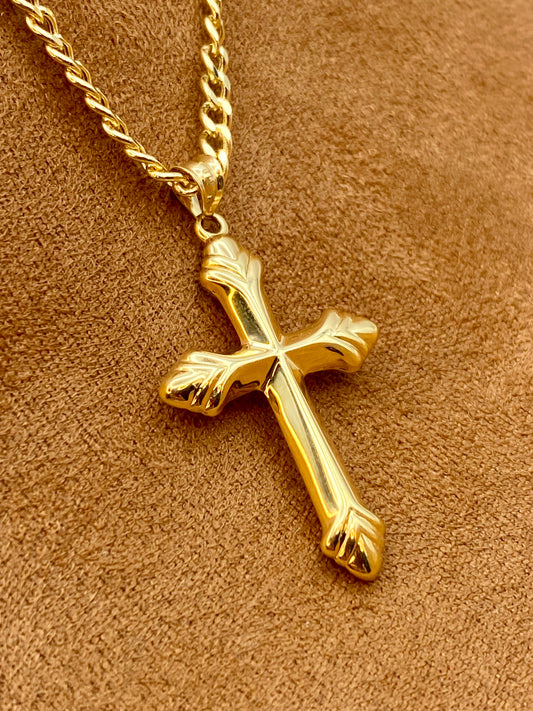 18k Gold Cross Necklace: 3mm Diamond Cut Curb Chain, Shiny Religious Pendant