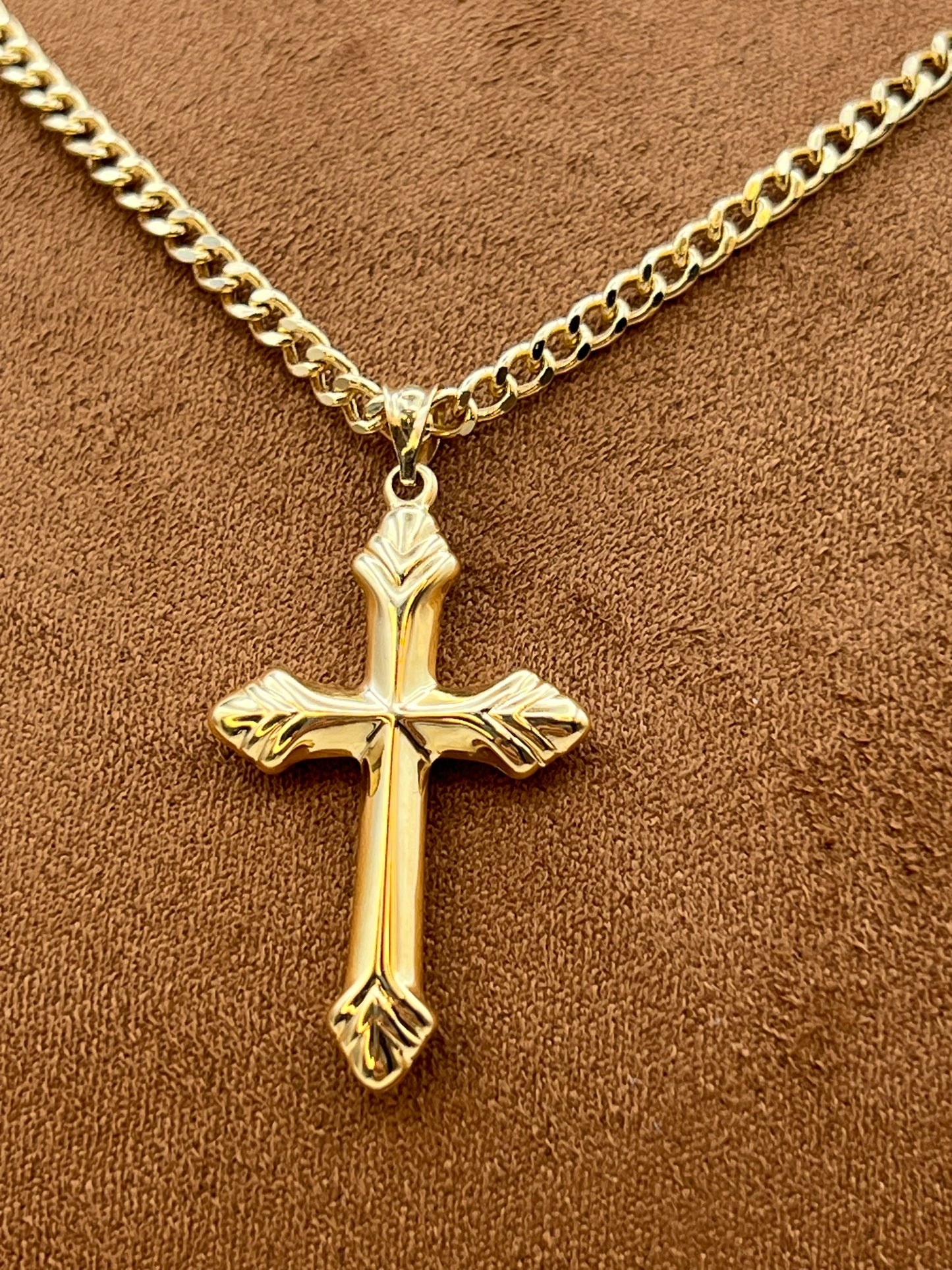 18k Gold Cross Necklace: 3mm Diamond Cut Curb Chain, Shiny Religious Pendant