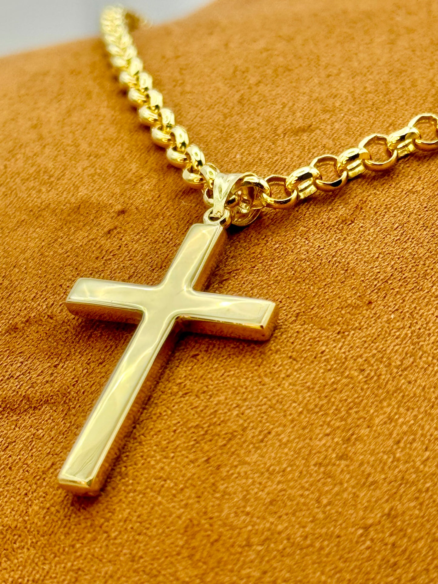 14K Gold Cross Necklace with 22" Rolo Chain – 4mm, Chunky Gold Cross, Perfect Gift.