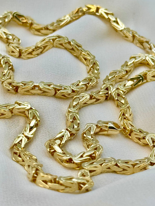 14K Solid Gold Byzantine Chain Necklace - 4mm Thickness, Available in 22", 24", 26" | Genuine Gold King Chain for Men | Perfect Birthday & Anniversary Gift.