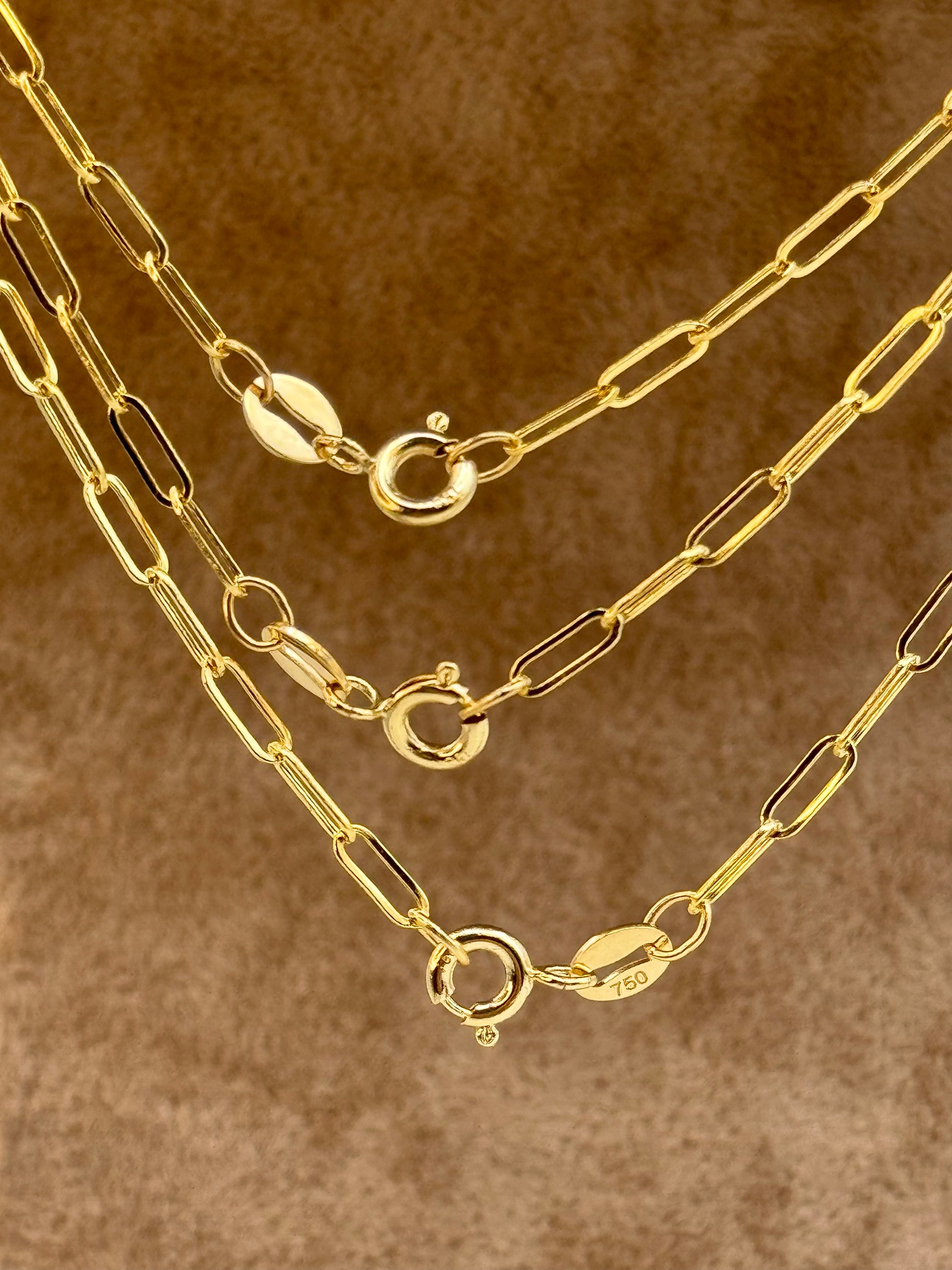Two gold chain necklaces on a brown background