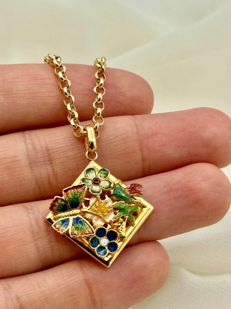 Collier papillon et fleur colorés en or massif 18 carats – Bijou inspiré de la nature en or véritable, cadeau d'anniversaire, cadeau d'anniversaire, cadeau élégant pour elle