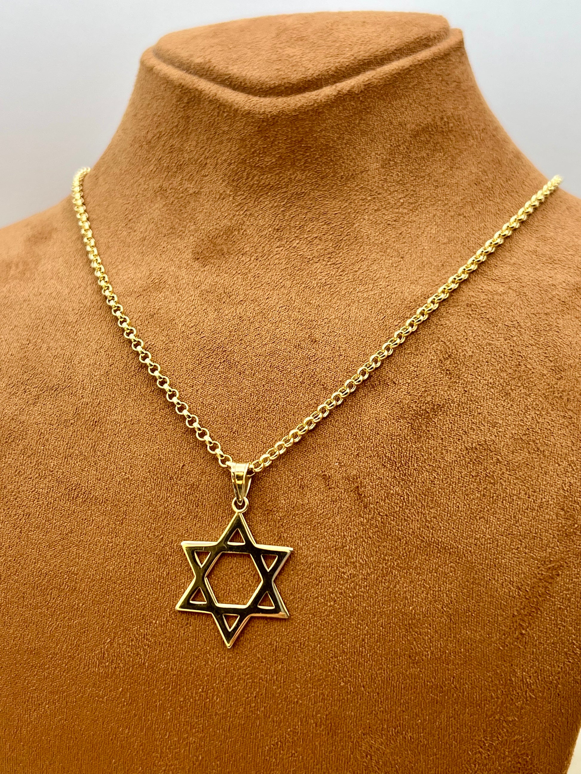 A gold Star of David pendant necklace displayed on a brown suede jewelry bust against a light gray background.
