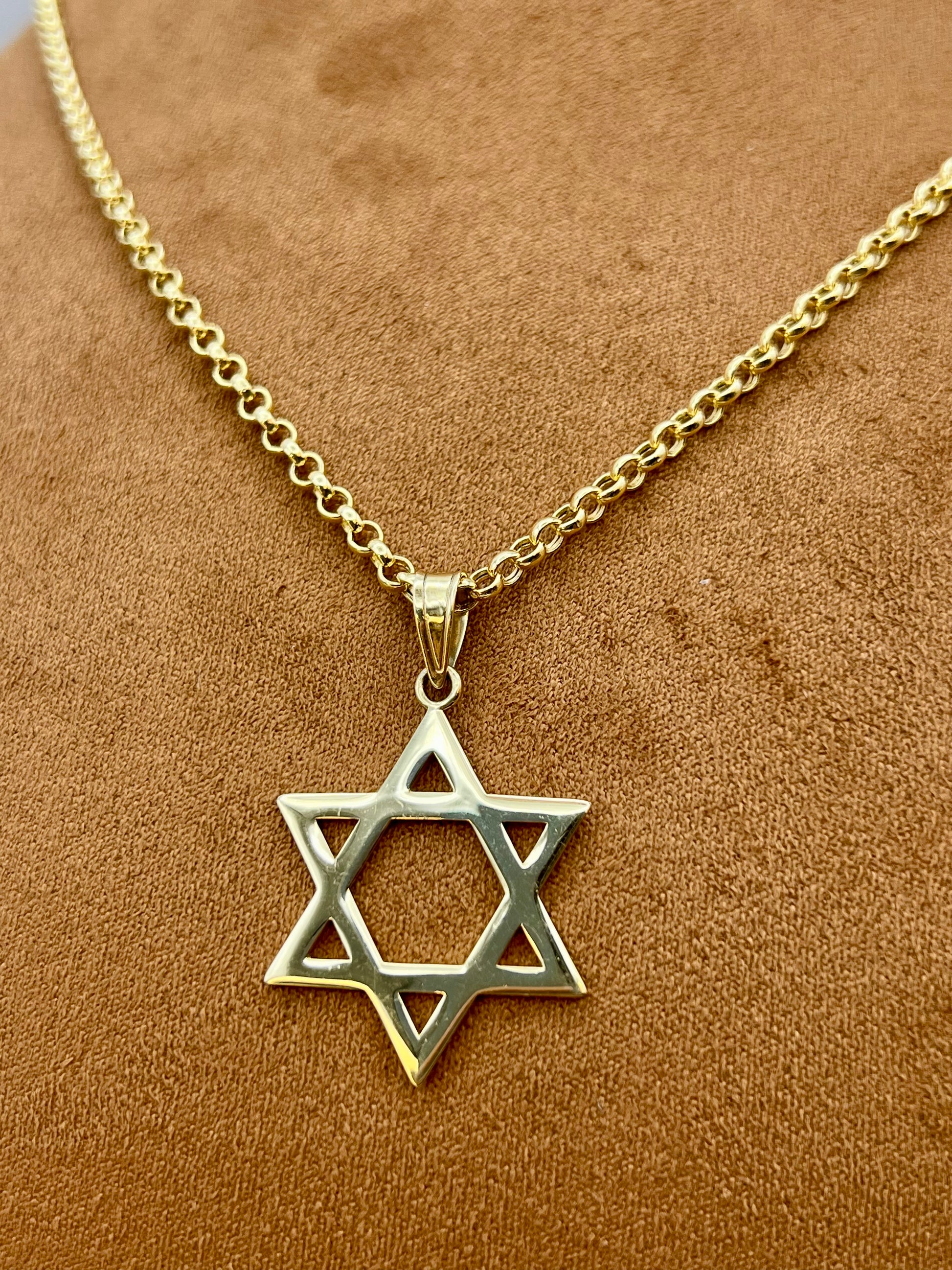 A gold Star of David pendant necklace on a textured brown display bust.