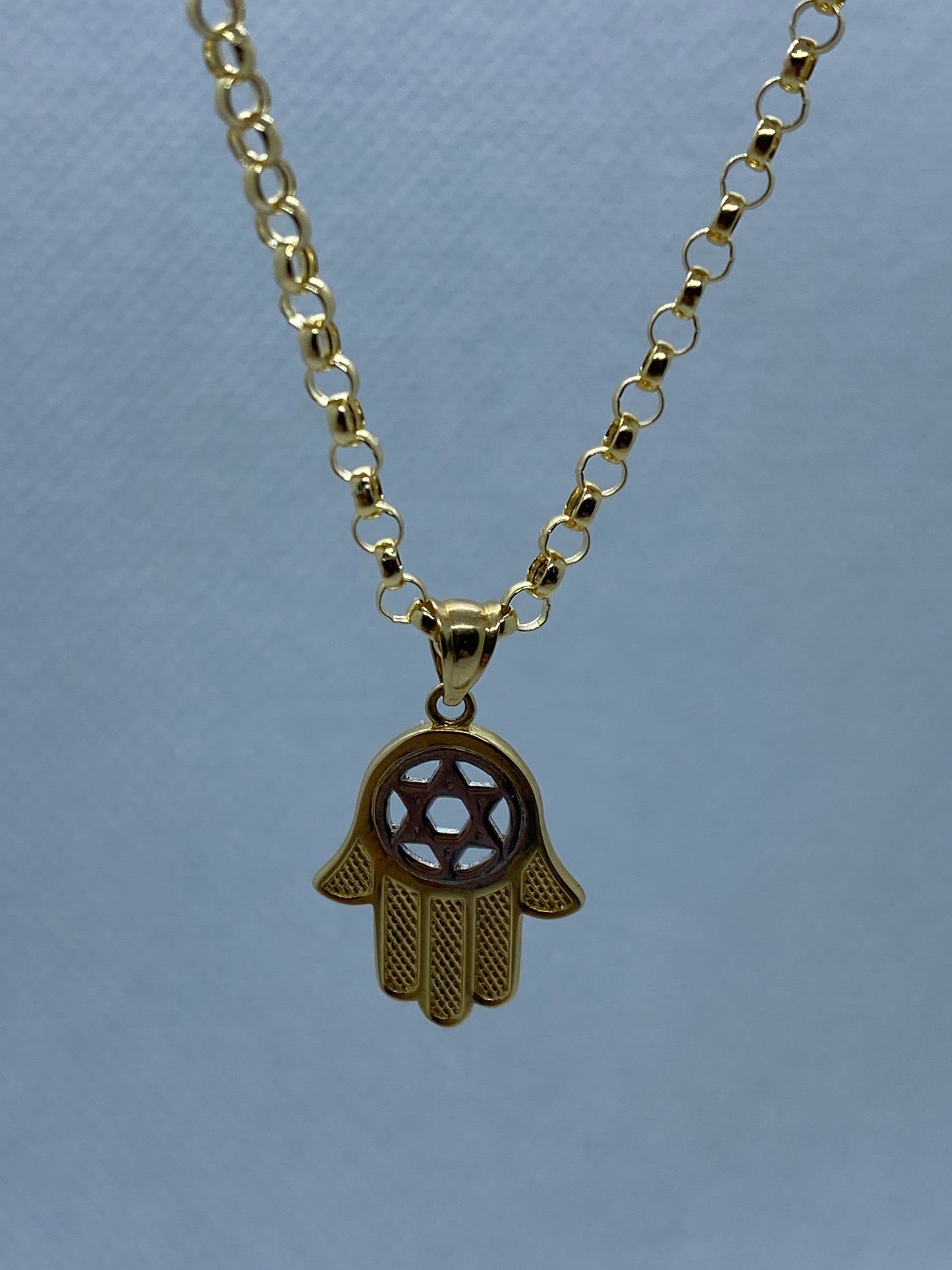 14k solid Gold Hamsa with Star of David Necklace