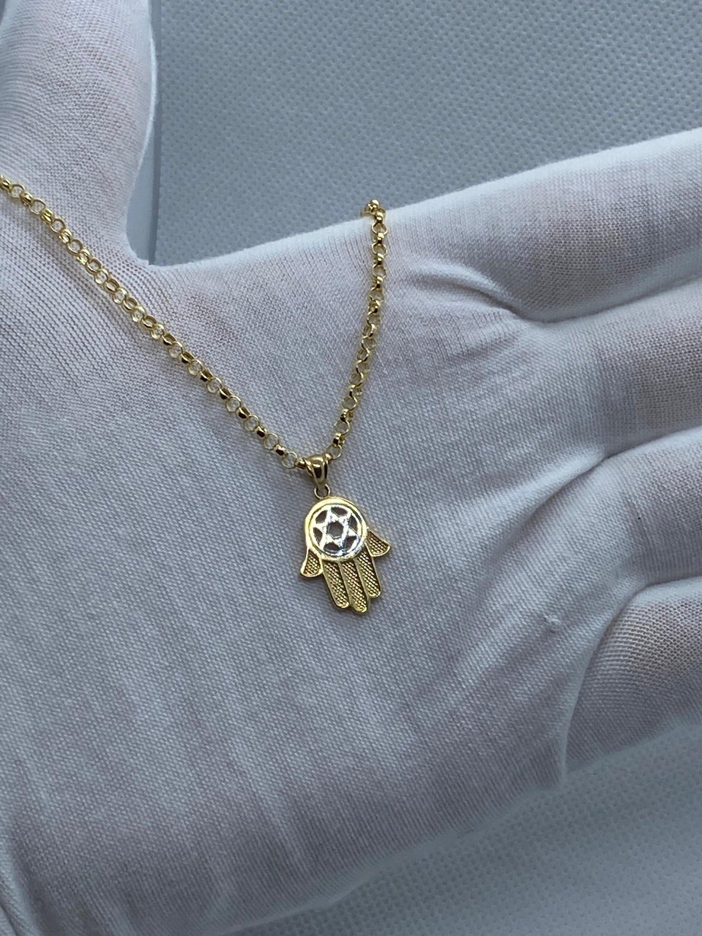 14k solid Gold Hamsa with Star of David Necklace