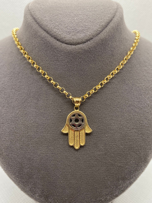 14k solid Gold Hamsa with Star of David Necklace