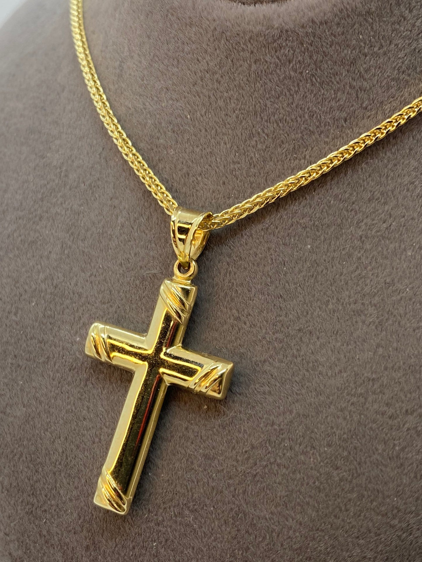 14k Gold Cross Necklace with Franco chain So Shiny and Durable, 21.5 inches,1.5mm ,14k real Gold Cross Pendant ,Gift for him ,Gift for her