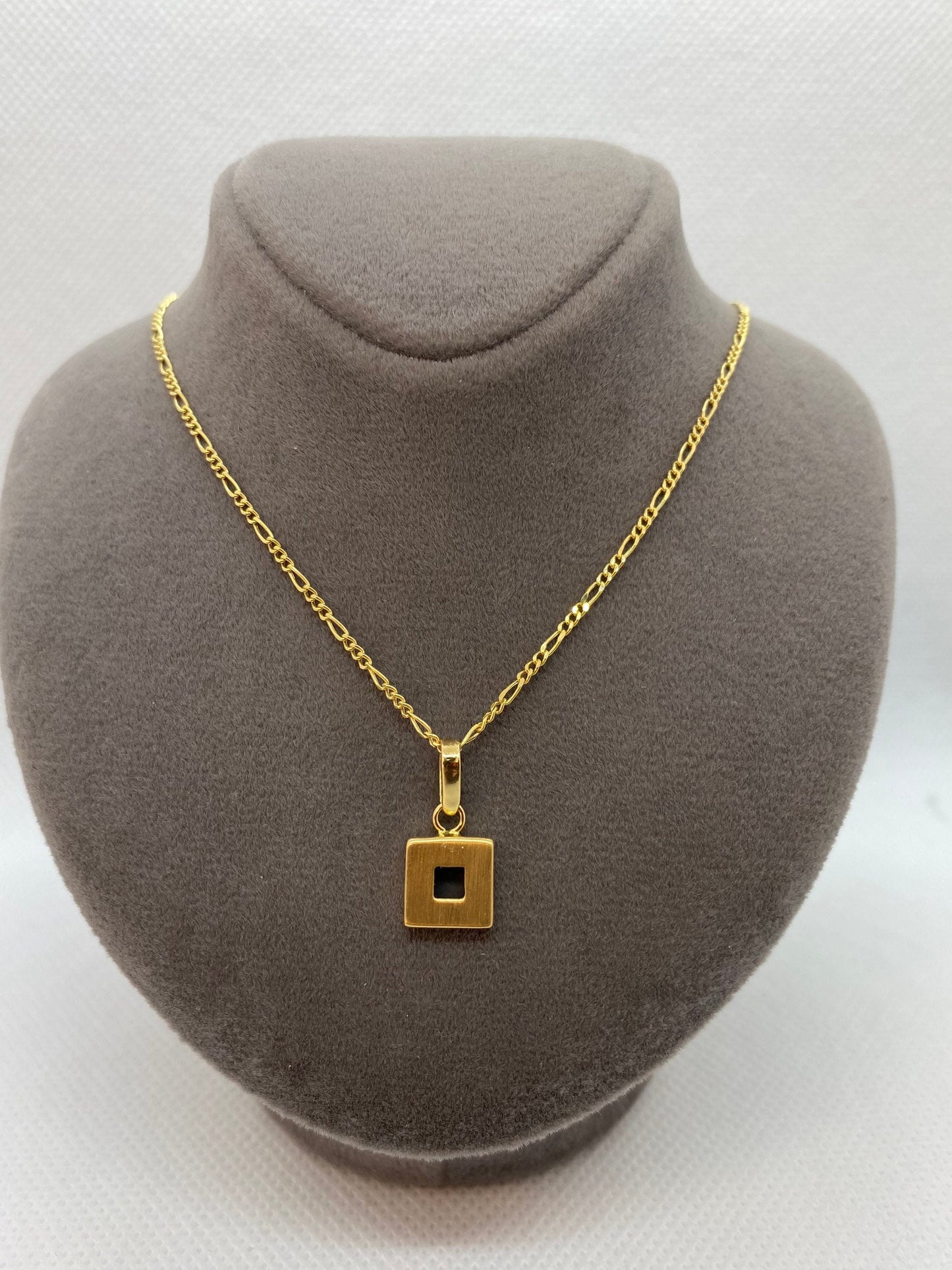 18k solid Gold  square necklace with Figaro chain ,21.5inches ,1.5mm