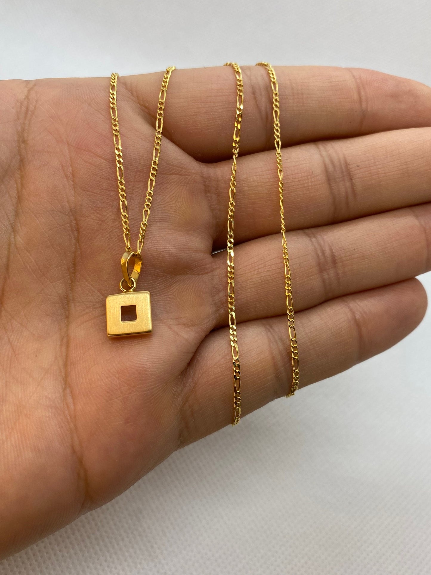 18k solid Gold  square necklace with Figaro chain ,21.5inches ,1.5mm