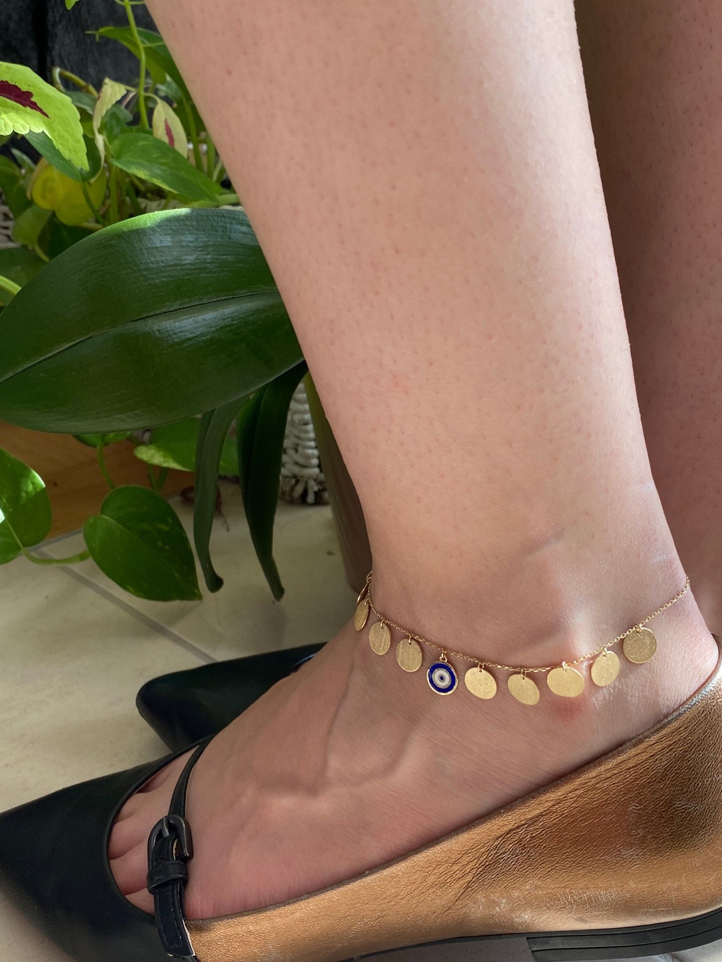 14k Gold Anklet ,14k real Gold Diamond Cut anklet , Gold  Evil eye Anklet, 14k Gold Anklet , Unique Anklet , gift, Birthday Gift , For Mum .