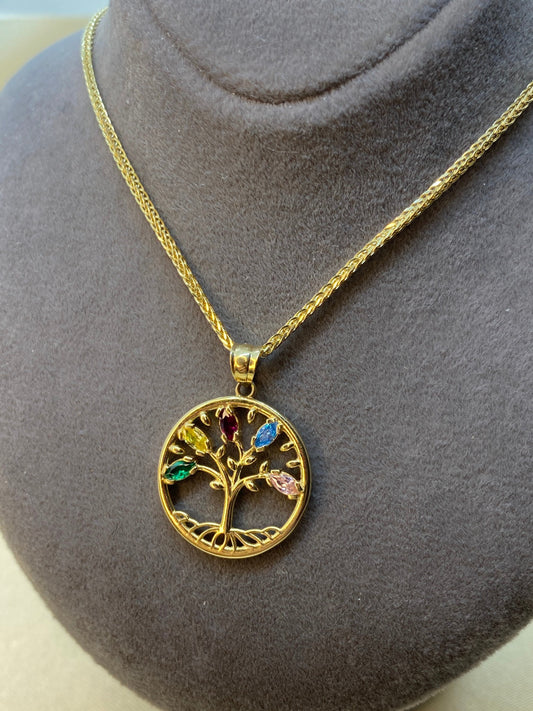 14k solid Gold tree of life necklace with colorful stones 21.5 inches