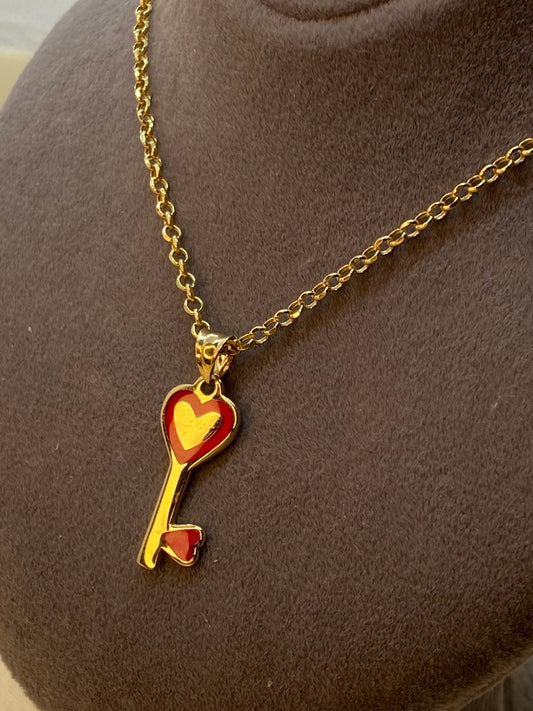 18k solid Gold key necklace heart 19.5",2mm ,18k real gold heart necklace ,  gold key necklace , love necklace, valentine's gift