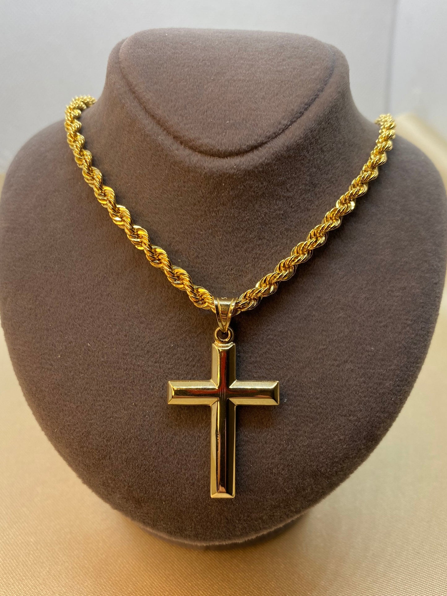 14k solid Gold Cross Necklace with Rope chain Diamond Cut So Shiny and Durable, 23.5 inches,4mm