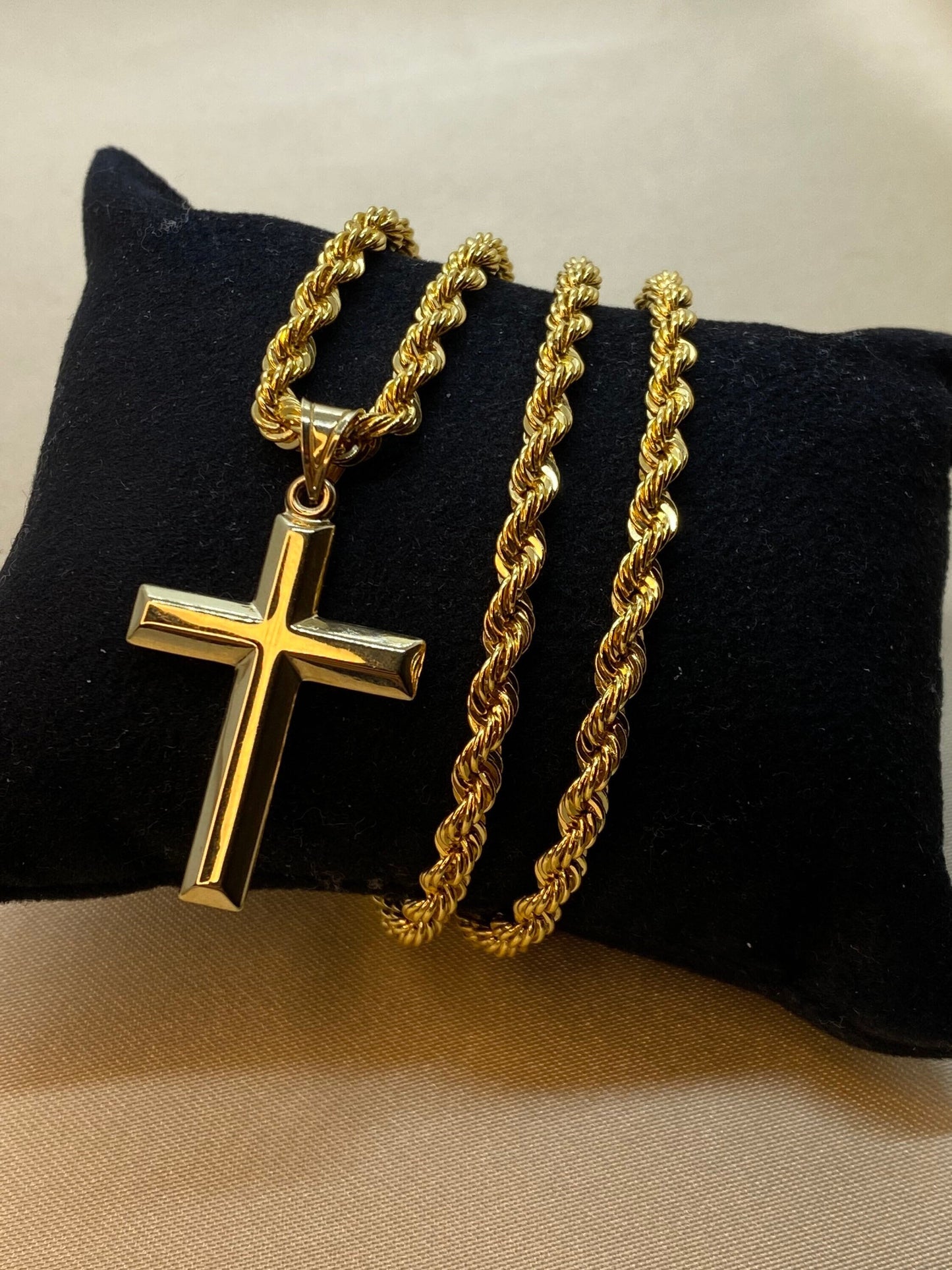 14k solid Gold Cross Necklace with Rope chain Diamond Cut So Shiny and Durable, 23.5 inches,4mm