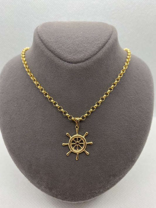 14k solid gold Ships Wheel Necklace 22 inches 2.5 mm, Anchor Necklace, Navy Necklace