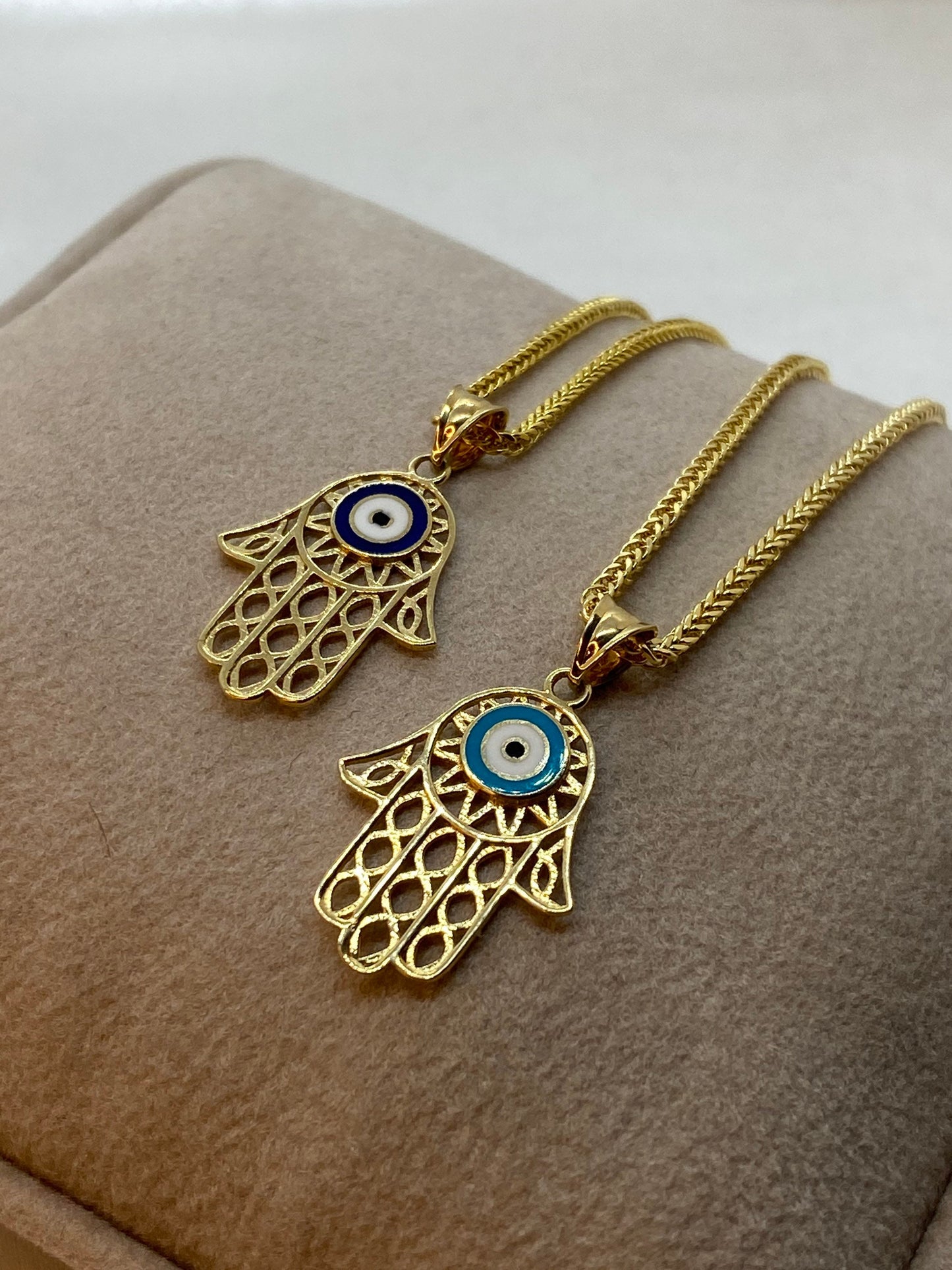 18k Gold Evil Eye Necklace 19.5",1.5mm , 18k Real Gold evil eye, Hamsa  Pendant with foxtail necklace , For Her ,Gift For Her, Fatima Hand