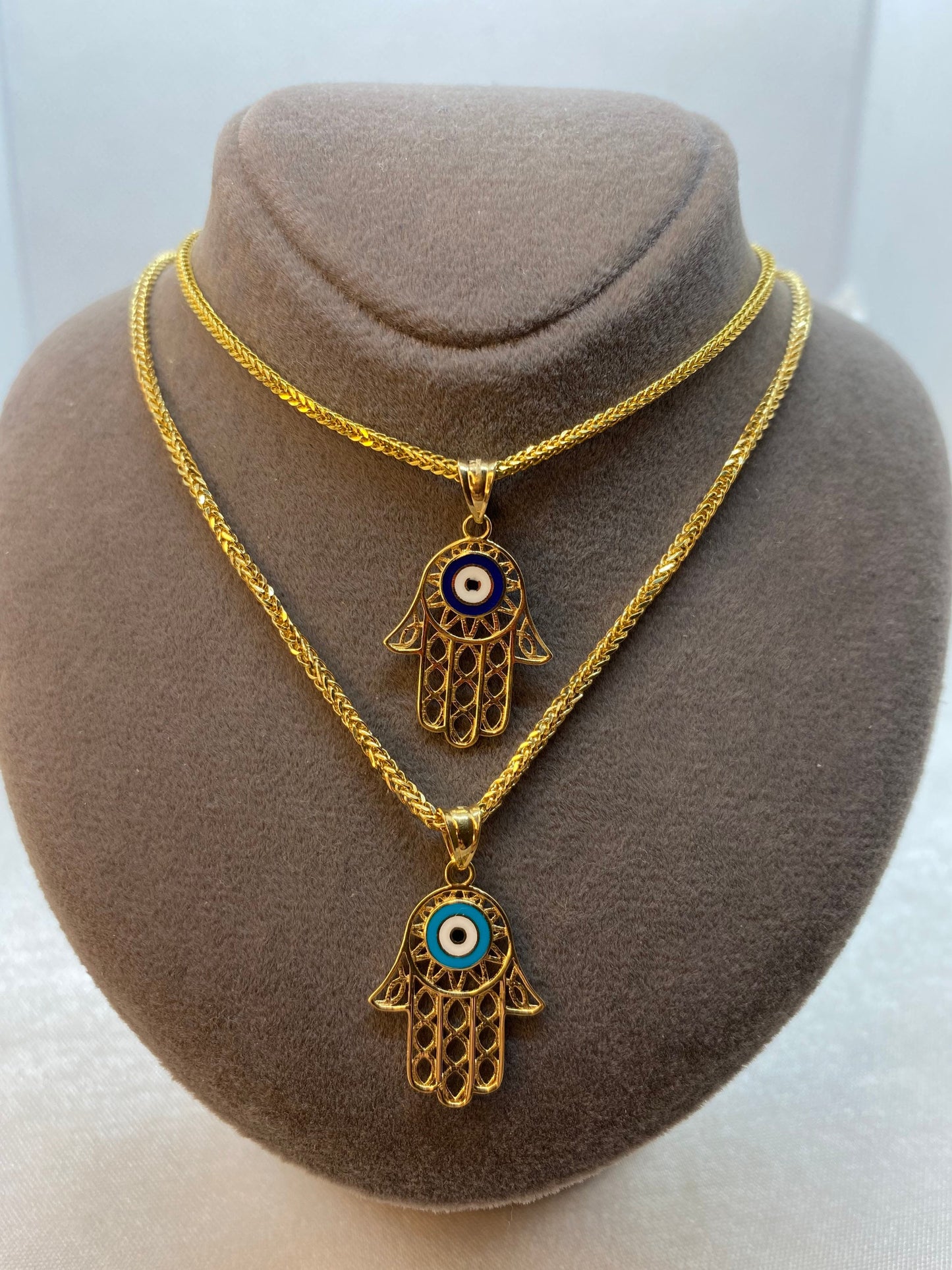 18k Gold Evil Eye Necklace 19.5",1.5mm , 18k Real Gold evil eye, Hamsa  Pendant with foxtail necklace , For Her ,Gift For Her, Fatima Hand