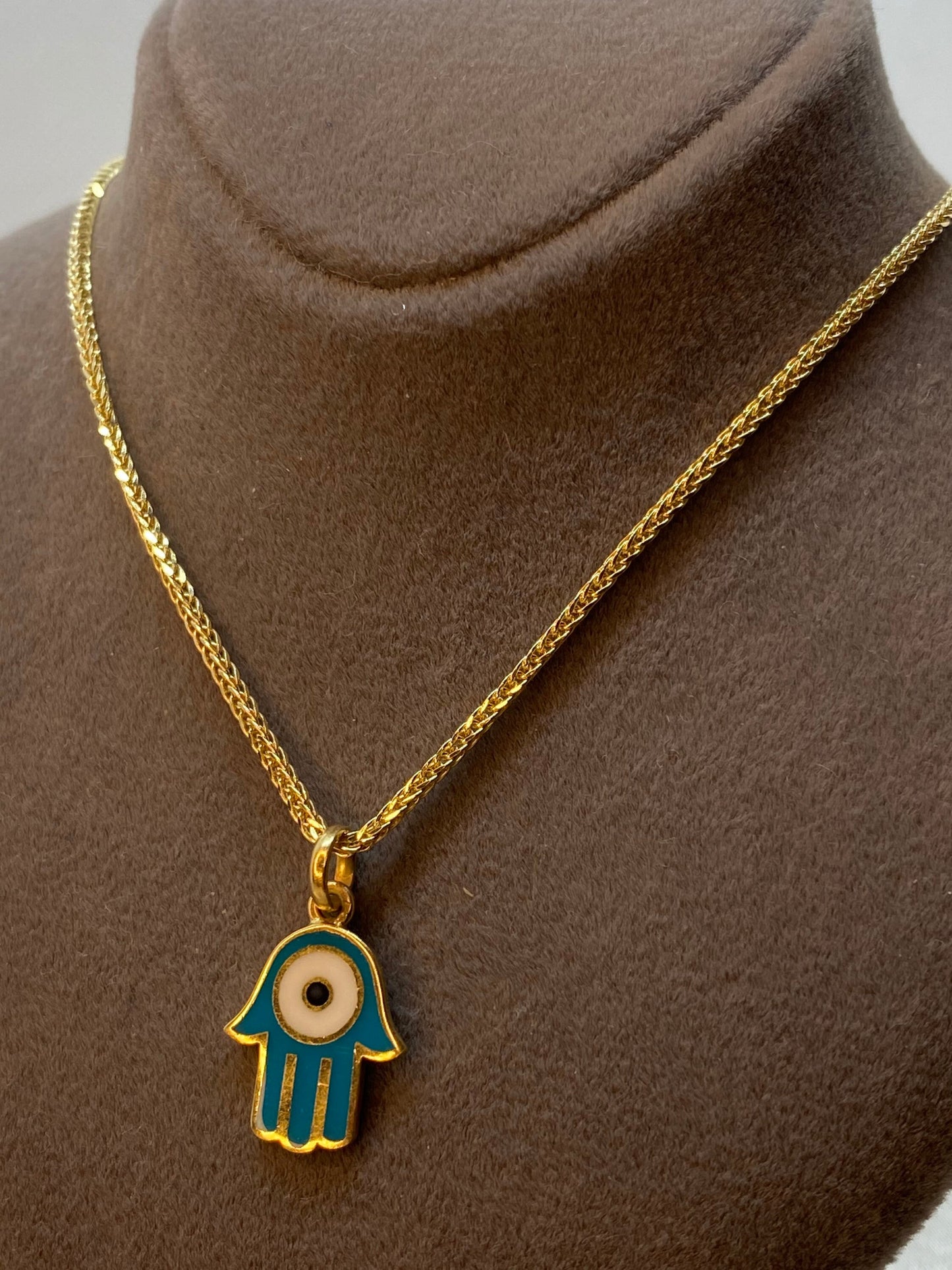 14k Gold Evil Eye Necklace 19.5",1.5mm , 14k Real Gold evil eye, Hamsa Pendant with foxtail necklace , For Her ,Gift For Her, Fatima Hand