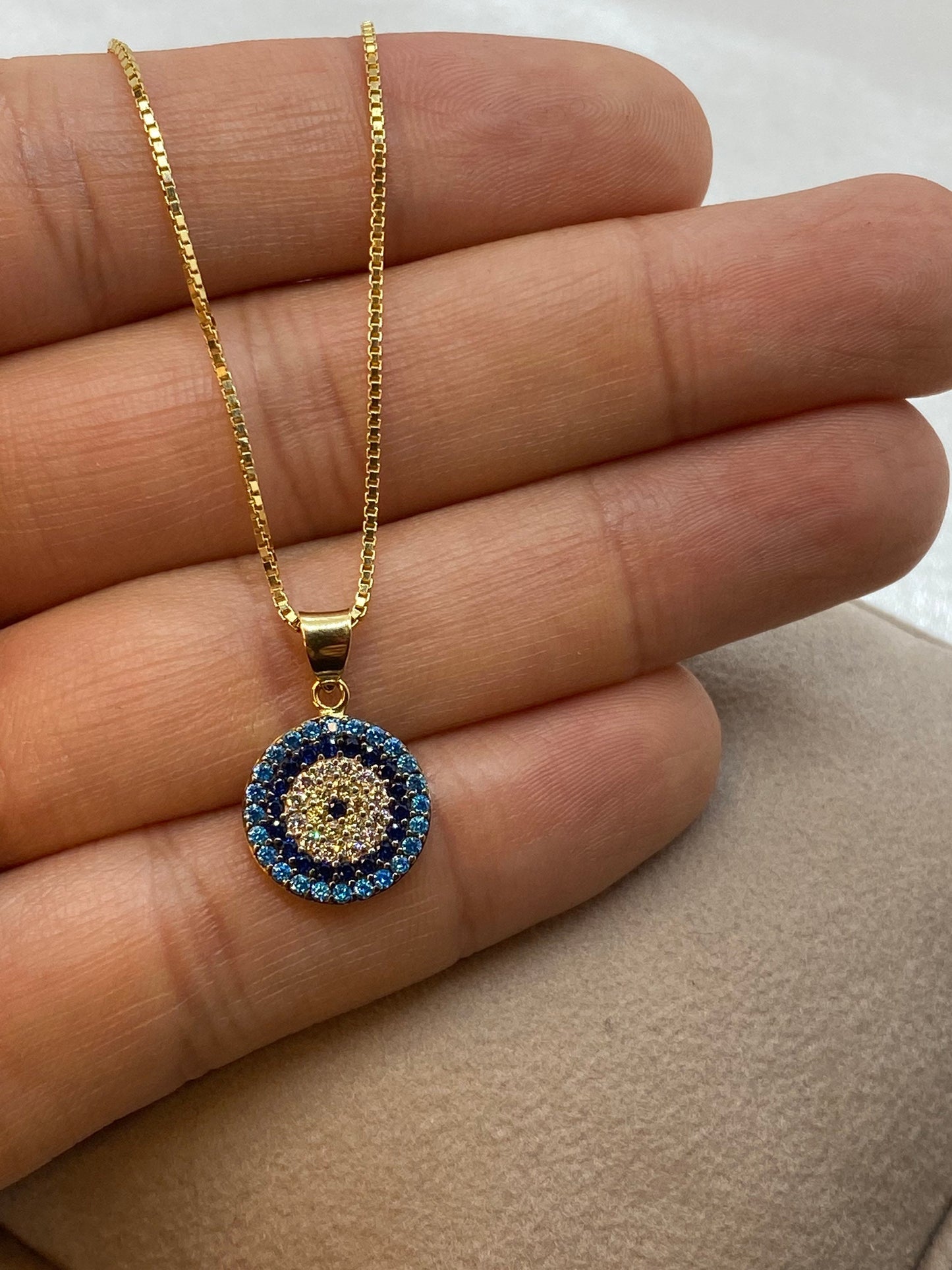 18k Gold Evil Eye Necklace 19.5",1mm , 18k evil eye Pendant with Box chain  necklace ,Gift For Her, defense toward of the Evil eye