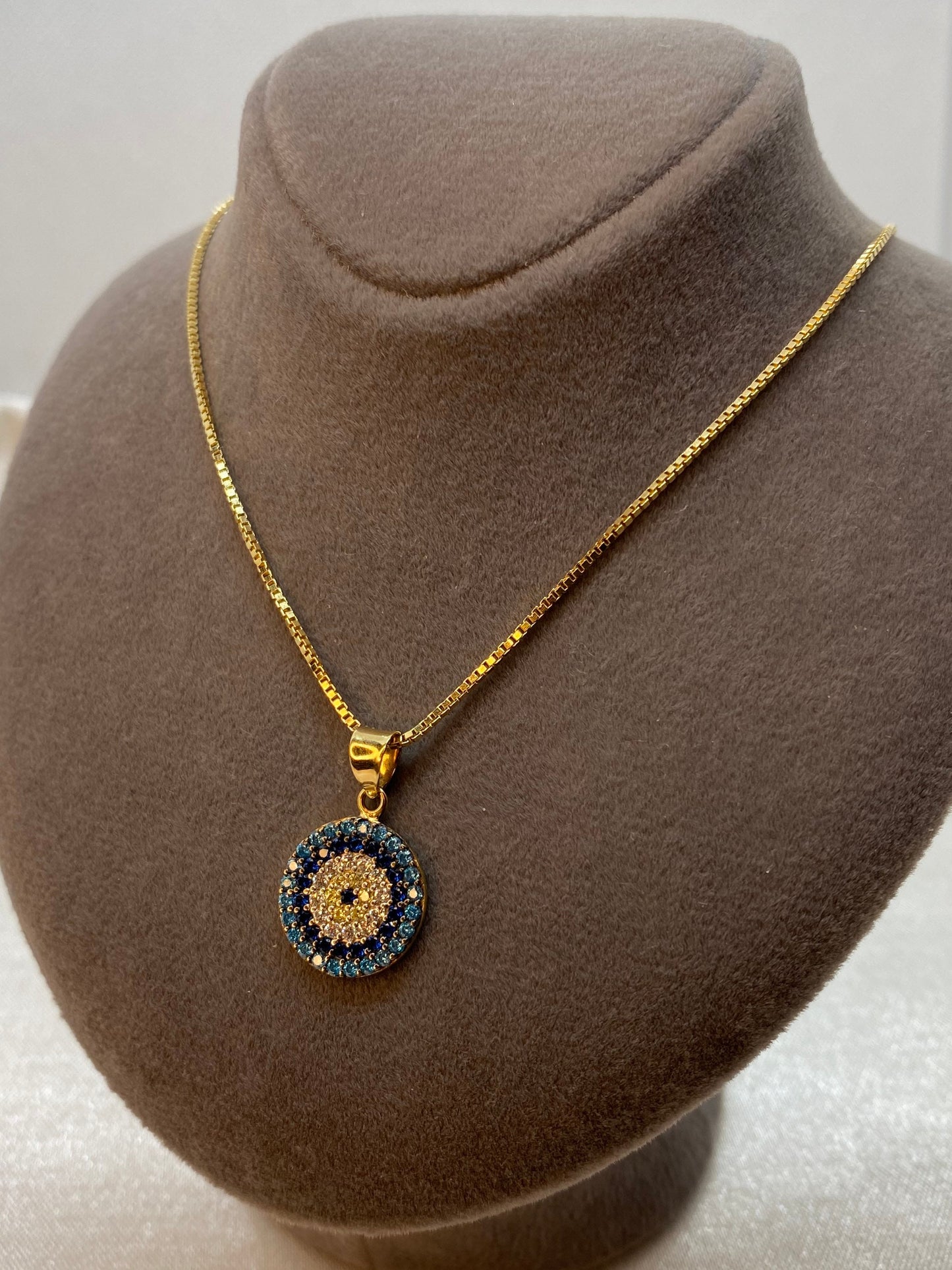 18k Gold Evil Eye Necklace 19.5",1mm , 18k evil eye Pendant with Box chain  necklace ,Gift For Her, defense toward of the Evil eye