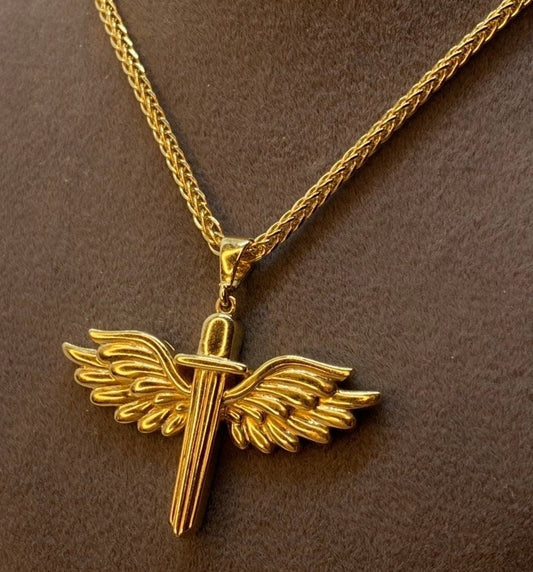 14k Real Gold Wings Sword Necklace 23.5 inches/ Guardian Archangel Michael Pendant /Gold Rising Wings Necklace / symbol of strength, Hero !,