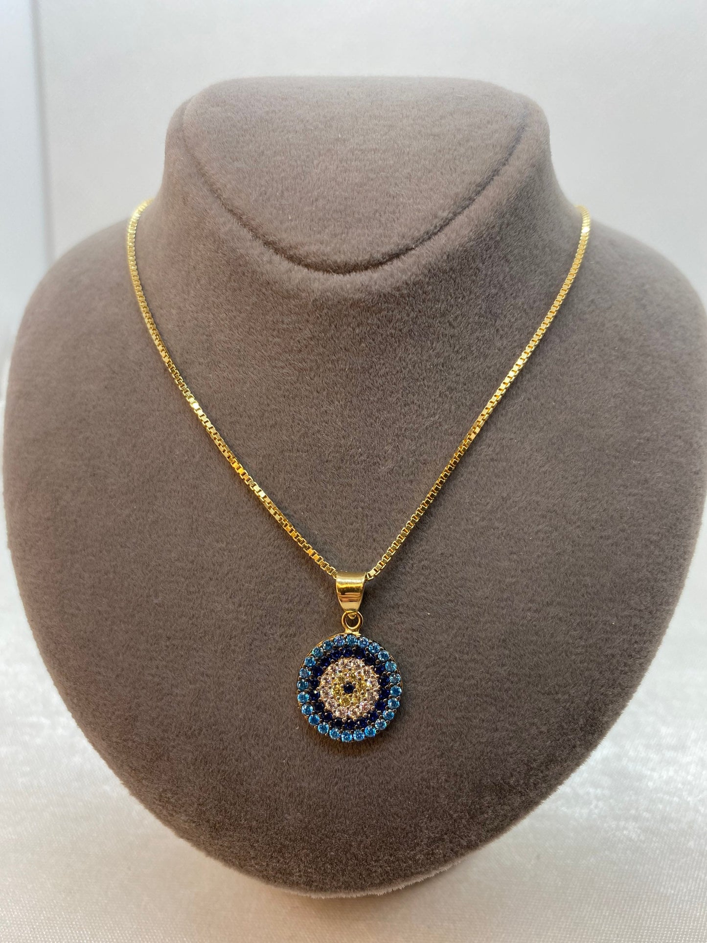 18k Gold Evil Eye Necklace 19.5",1mm , 18k evil eye Pendant with Box chain  necklace ,Gift For Her, defense toward of the Evil eye