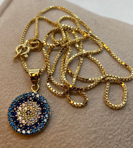 18k Gold Evil Eye Necklace 19.5",1mm , 18k evil eye Pendant with Box chain  necklace ,Gift For Her, defense toward of the Evil eye