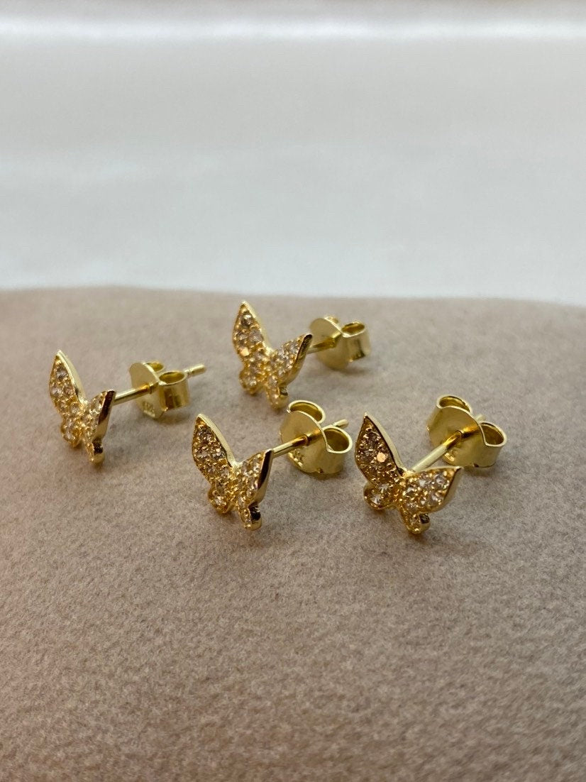 14k Real Gold butterfly stud  Earring with cubic zirconia  , Gold stud Earring , butterfly earring ,real gold ,gift for Her , For Mom